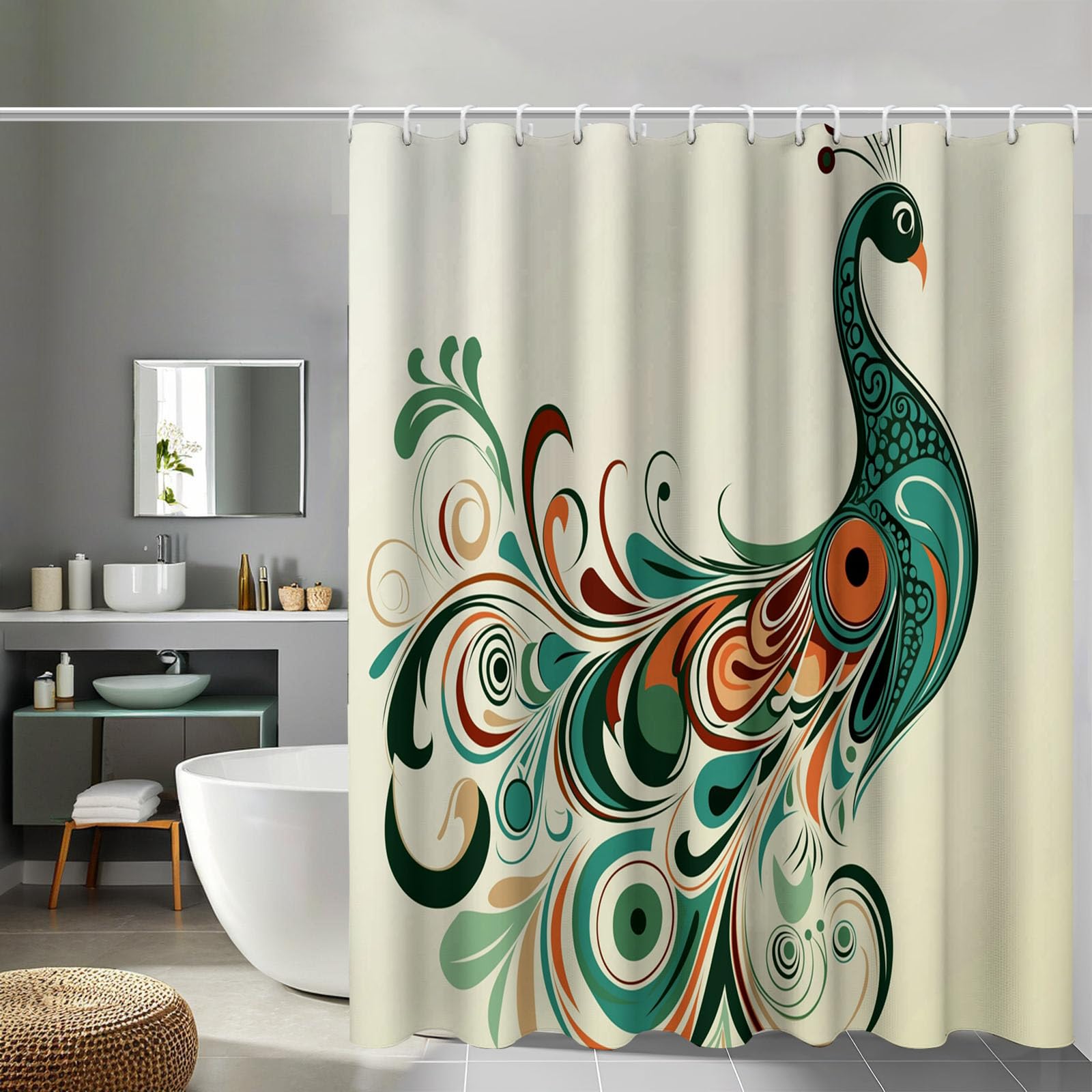 Rideau de douche paon élégant en polyester imperméable 240x200 cm