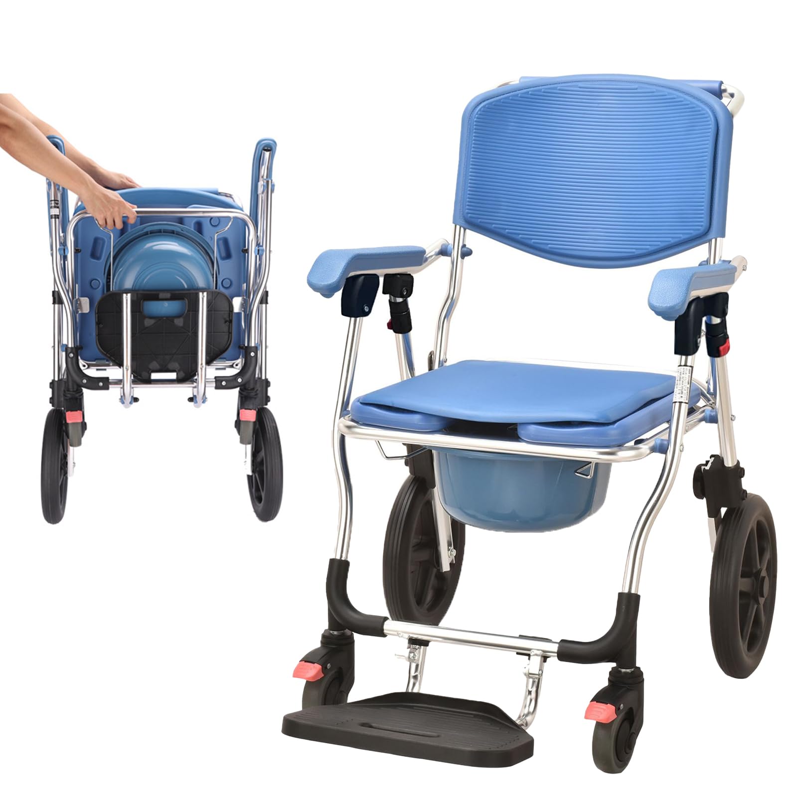Sedia a rotelle per doccia e toilette per anziani disabili, sedile imbottito, freni di bloccaggio, vaso rimovibile, 150 kg