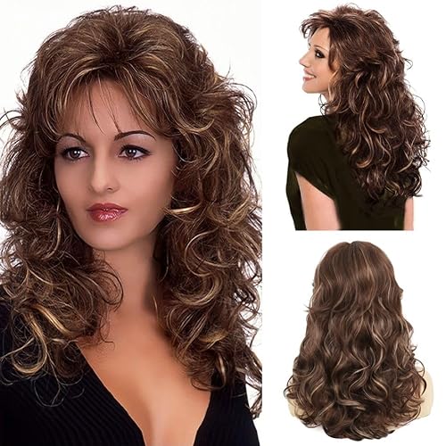 Brown Curly Vintage Wigs for Women Shoulder Length Layered 1970s