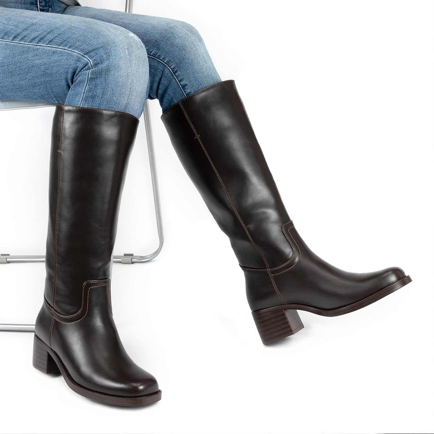 Brown Platform Knee High Boots for Women Square Toe Chunky Block Heel Long Boots Wide Calf Riding Boots Pull on Campus Boots for Women - Image 6