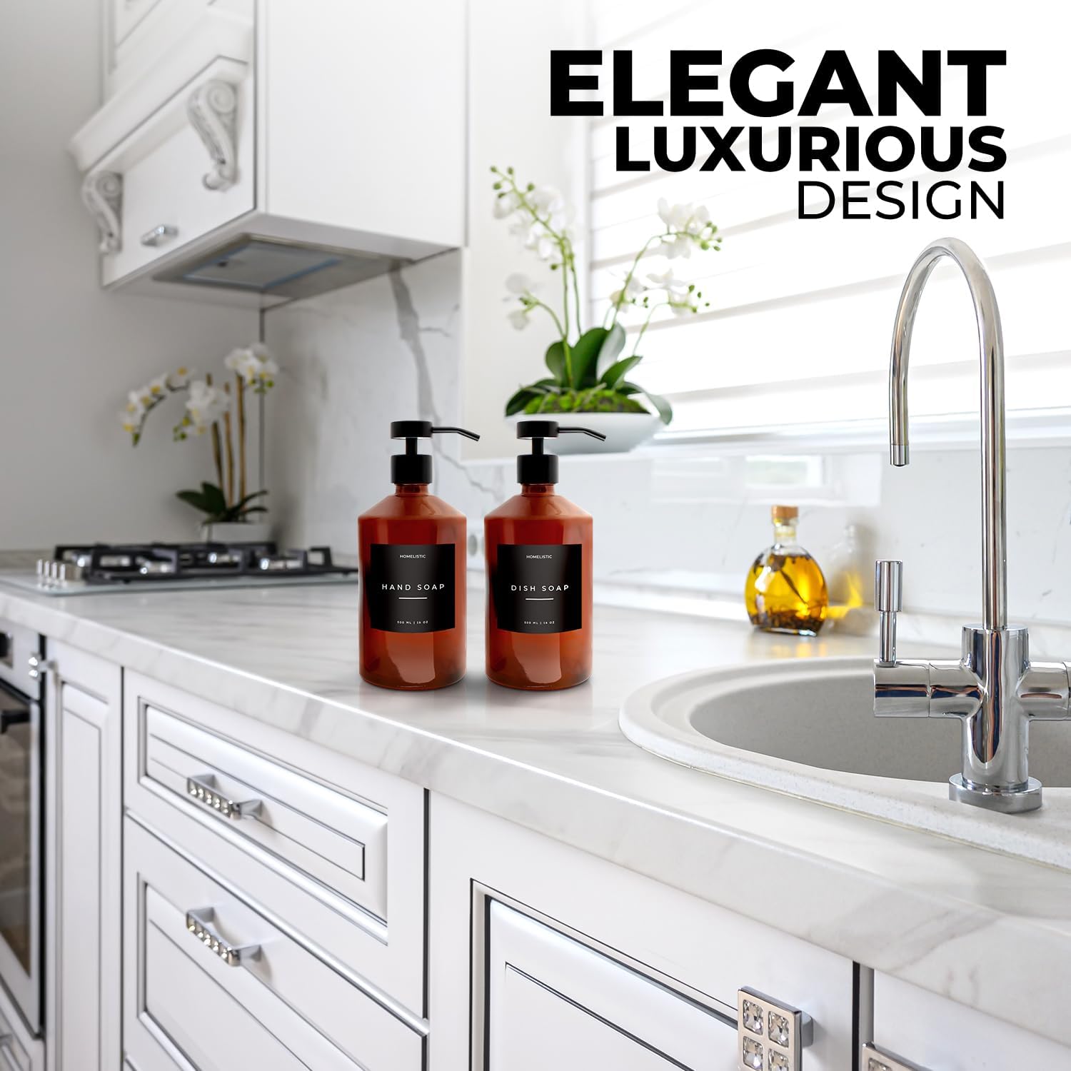 Luxury Glass Soap Dispenser Set of 2 - Elegant Amber Bottles with Matte Black Pumps, Ideal for Kitchen and Bathrooms, Perfect Glass Pump for Modern Homes.