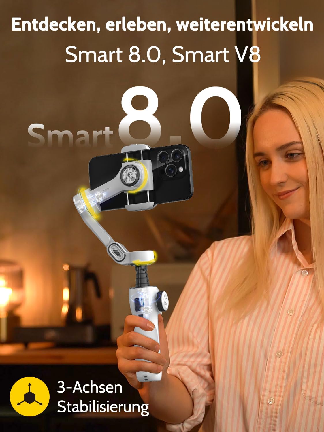 AOCHUAN Smartphone-Gimbal für Videoaufnahmen mit AI-Tracking, 3-Achsen-Vlogging-Gimbal-Stabilisator für iPhone 16/15 mit OLED-Display mit 7,8-Zoll-Verlängerungsstange, Auslösetaste Smart V8 (Weiß)