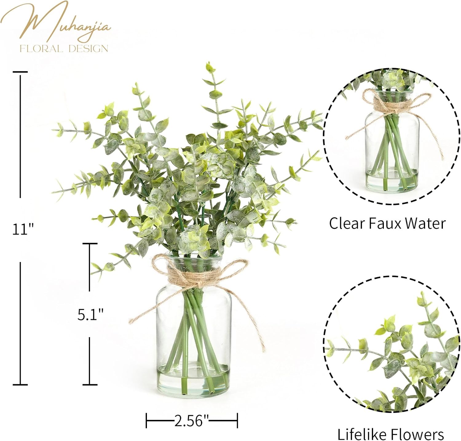 Muhanjia Artificial Eucalyptus Stems in Glass Vase with Faux Water,7Pcs Fake Plant for Centerpiece Bathroom Farmhouse Room Home Decor (Sage Green Eucalyptus) image 2