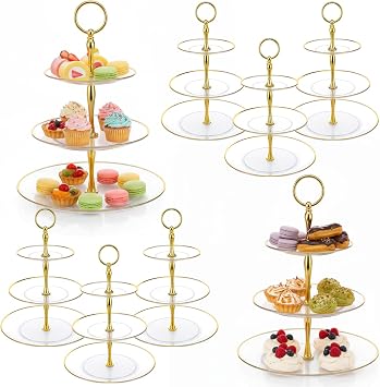 8Pack 3 Tier Cupcake Stand Bulk, Plastic Clear 3 Tiered Dessert Stand with Gold Edges Thick Round Shape Serving Dessert Tray for Tea Party Wedding Birthday Halloween Christmas Party Decorations