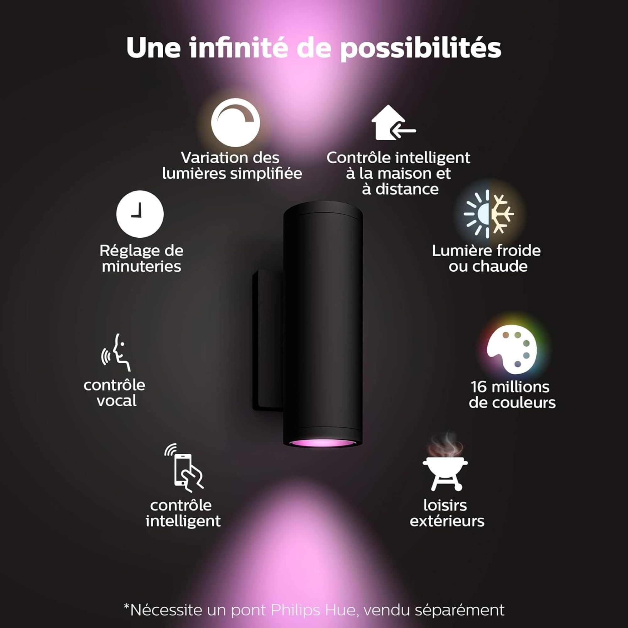 Philips Hue White and Color Ambiance Appear Applique murale LED d’extérieur connectée, Luminaire Philips compatible avec Alexa, Google Assistant et Apple HomeKit, noir