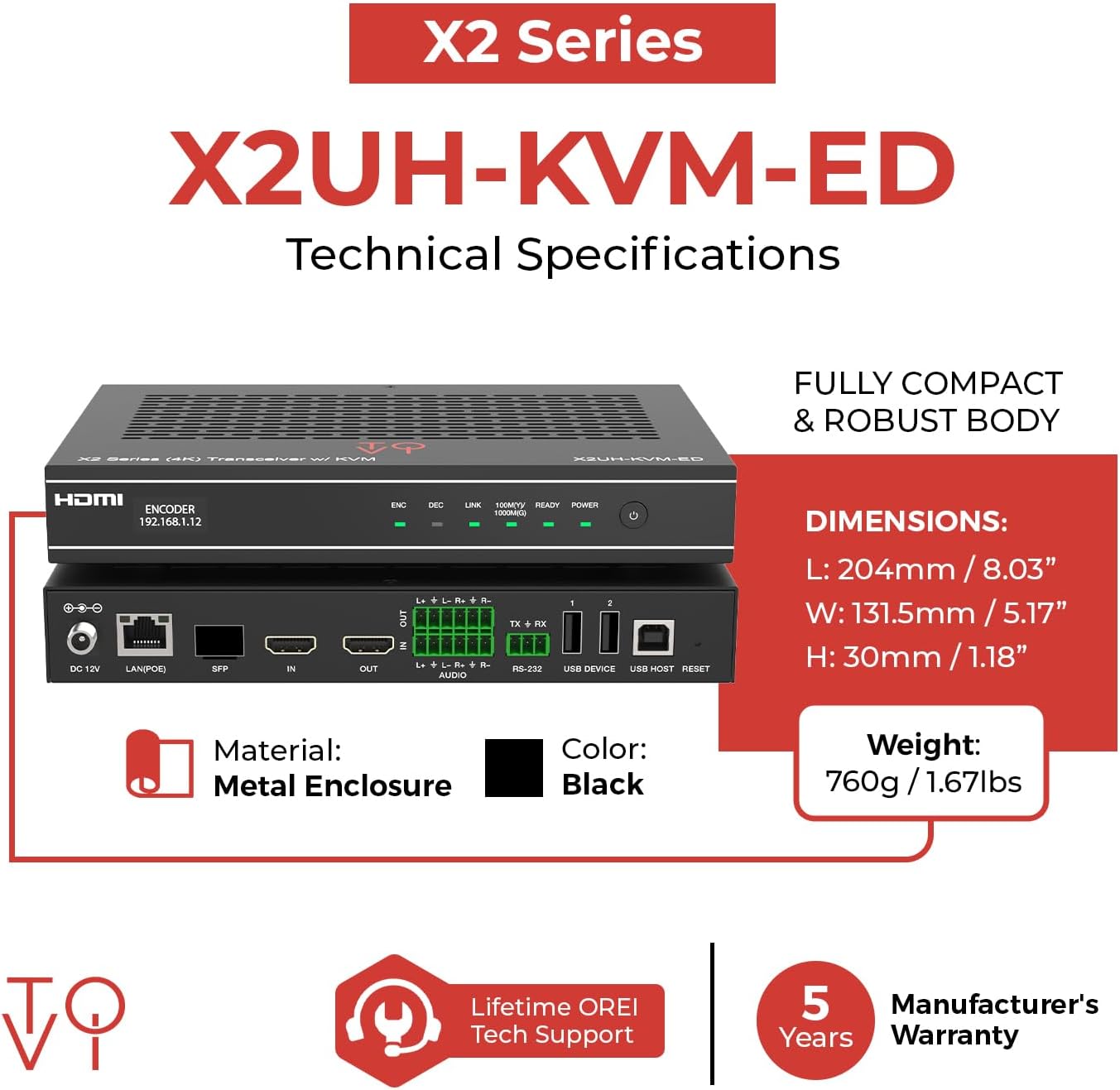 ToVi X2 Series 4K AV-Over-IP Encoder & Decoder with KVM, HDMI 2.0b, HDCP 2.2, PoE, Audio Routing, Fiber & RJ45 Transmission, Multi-Window & Video Wall Support (X2UH-KVM-ED)