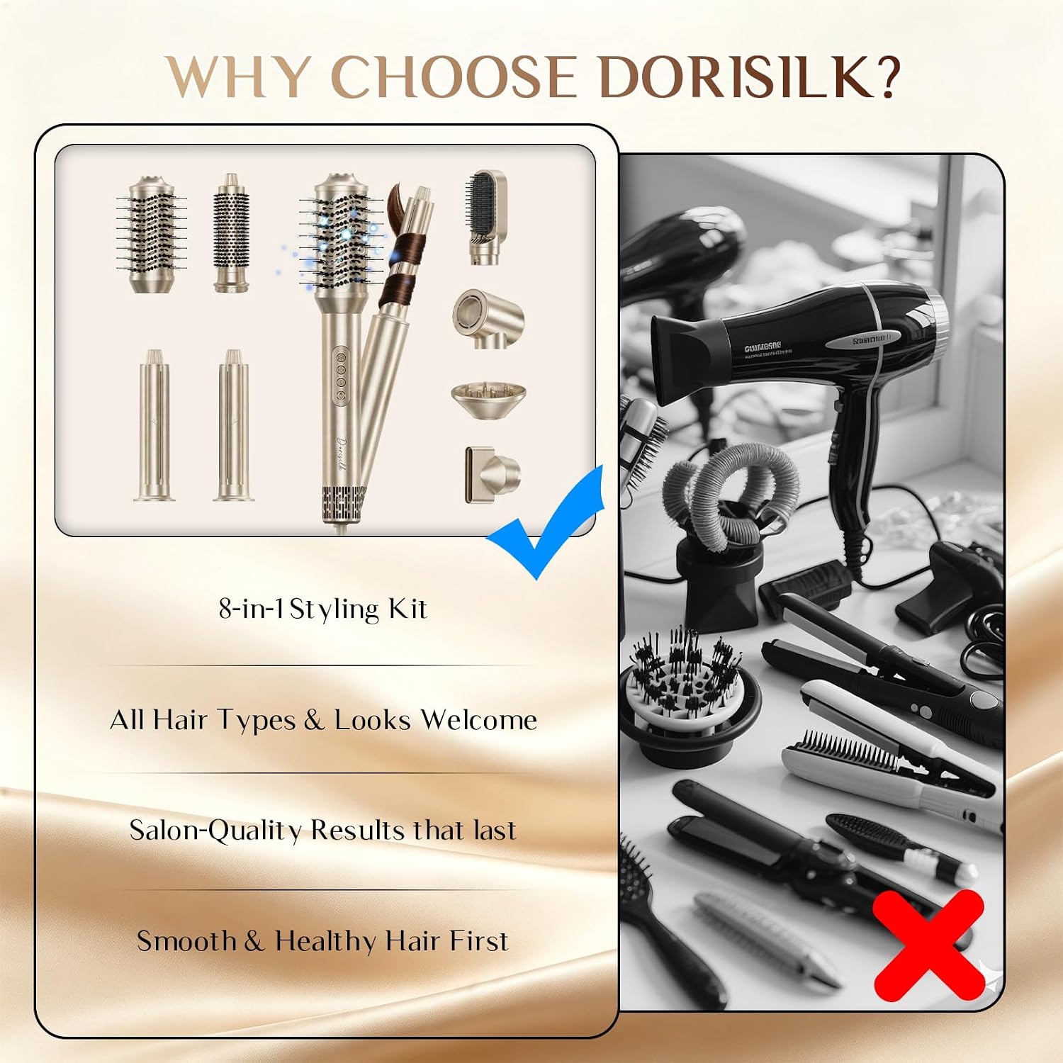 DORISILK 8 in 1 Hair Styler & Hair Dryer Brush Blow Dryer, 110,000 RPM High-Speed Hot Air Brush Auto Wrap Curlers, Frizz-Free Ionic for Straightening Curling Volumizing Fast Drying, Champagne Gold