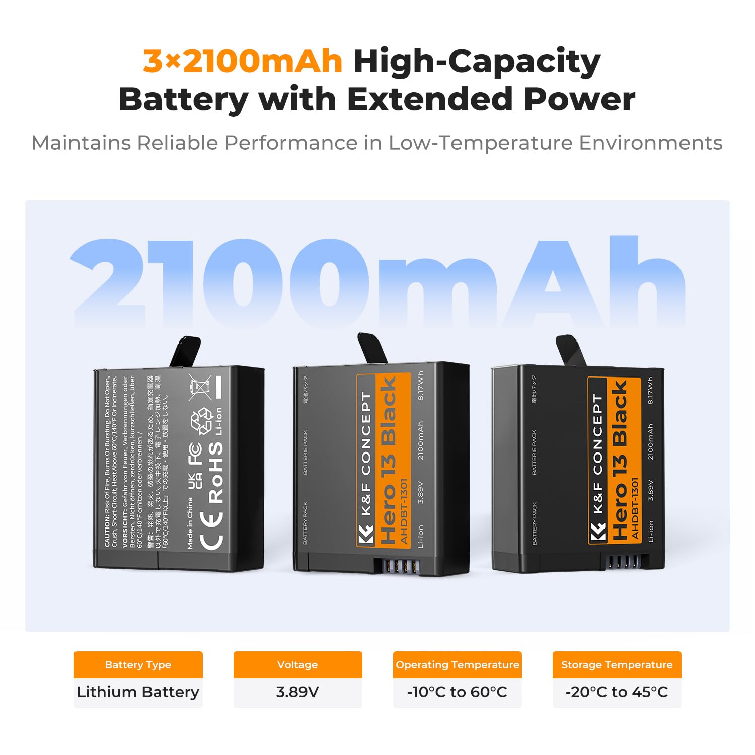 Akumulator do kamery K&F CONCEPT Hero 13 o pojemności 2100 mAh, potrójna moc, potrójne gniazdo z organizerem, zestaw ładujący LED kompatybilny z kamerą GoPro13, czarny