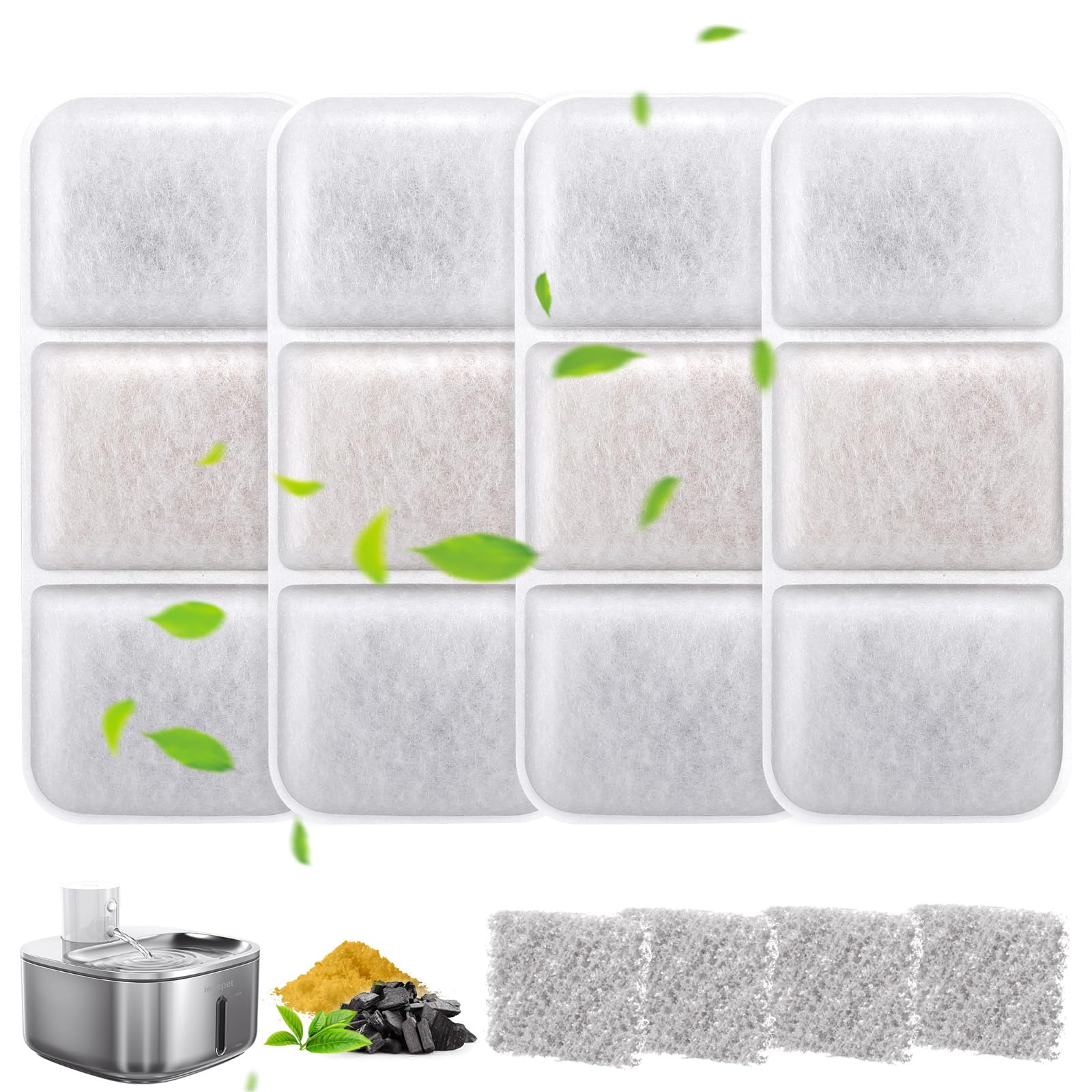 iweepet Cat Water Fountain Filter for IWEEPET PL-01 Water Fountain, 4 Pack Replacement Filters and 4 Pack Pre-Filter Sponges, Filter Material,
