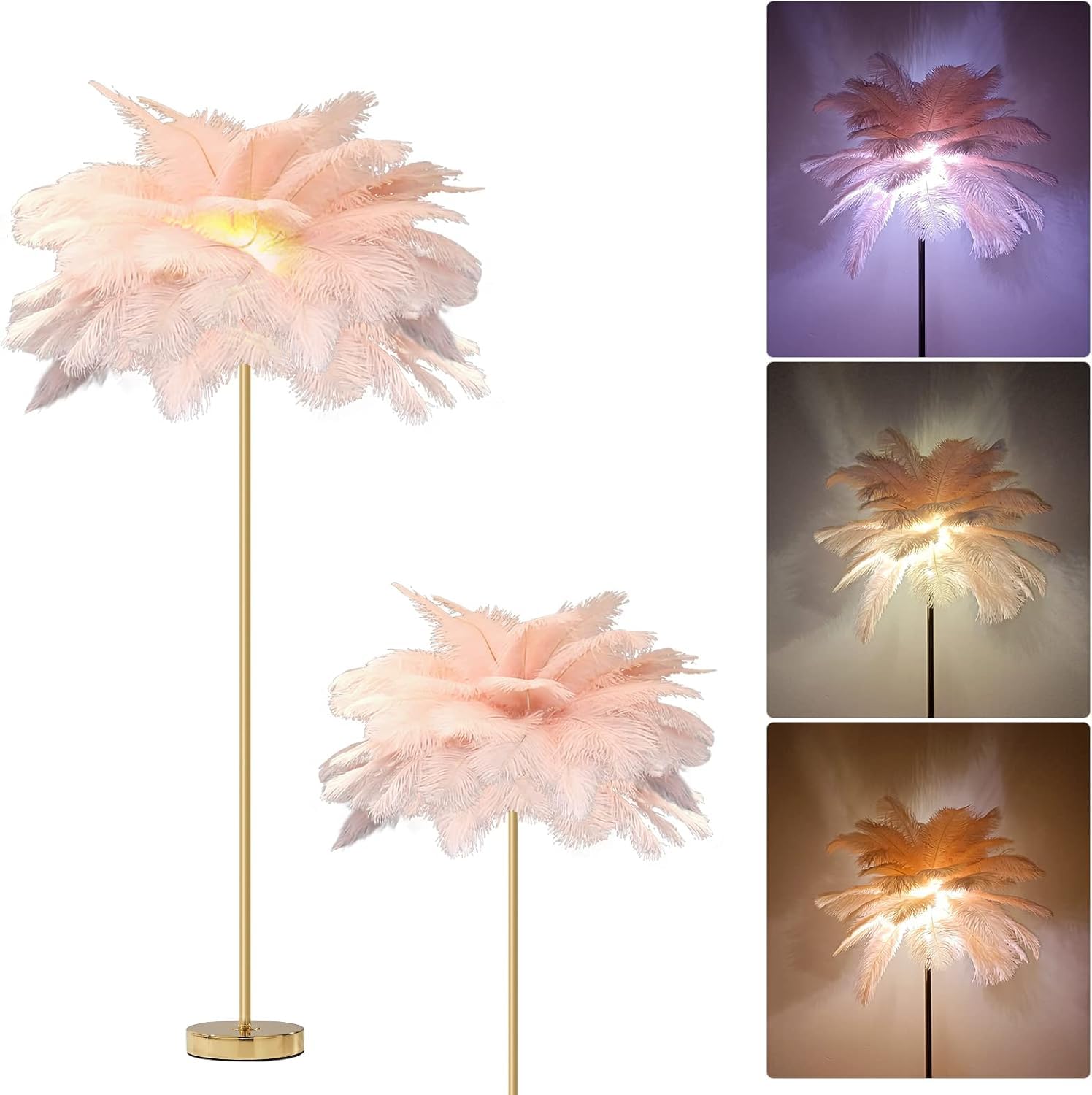 Atwnjkp LED Feather Floor Lamp,Natural Ostrich Floor Lamp,Pure Color Feather Lampshade,Modern Novelty Bedroom Girl's Room and Photo Props Atmosphere Decoration Feather Floor Light
