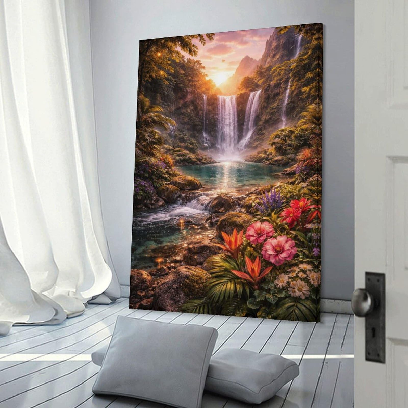 Junmoney Frame-Style-6 Enchanting Waterfall Paradise Canvas Wall Picture, 20X30inch(50X75cm), For Study, Office Or Focused Interiors, Home Office Artwork With Decorative Appeal
