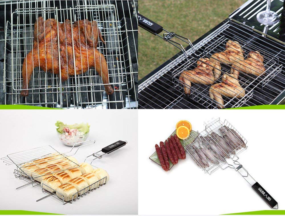 Panier De Cuisson Anti-adhésif En Acier Inoxydable 304 - Pour Grill, Poisson, Légumes, Steaks | Poignée Réglable En Bois, Pliable - 2