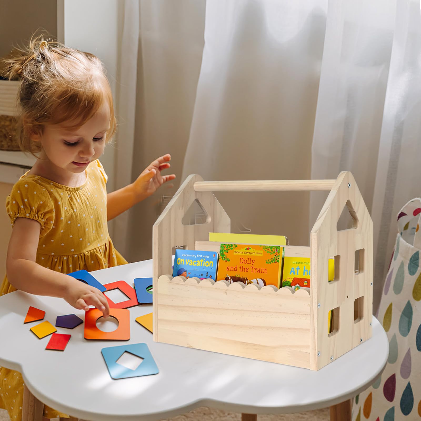 Estantería infantil de madera de pino Montessori, con asa, 2 estantes, pequeña, para habitación infantil, organizador de juguetes, 29,5 x 30,5 x 20 cm