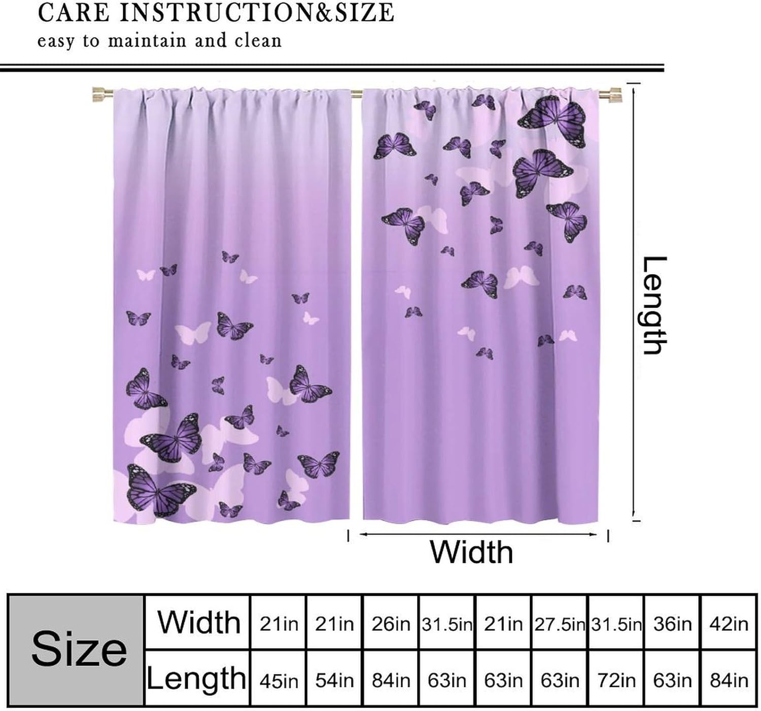 JESTRONRY Purple Butterfly Curtains,Romantic Fantasy Butterflies Print Window Drapes for Living Room Bedroom Kitchen Bathroom Home Decor 42" W X 45" L (Blackout)