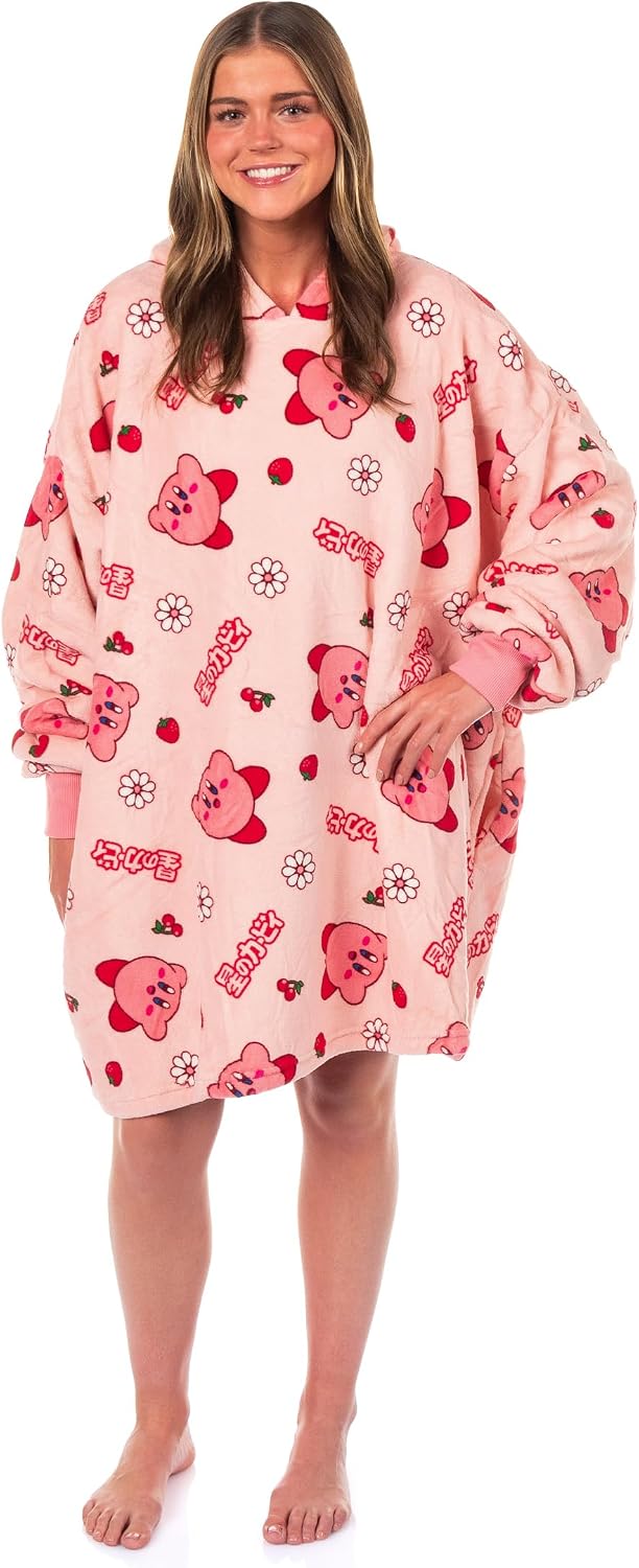 Kirby Flower and Cherry Motif Adult Plush Fleece Wearable Blanket Hoodie OSFA