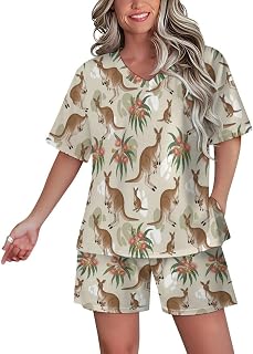 Womens Pajama Sets Kangaroo Floral Pattern Short Sleeve Pajamas for Women Soft Lounge Sets V Neck Sleepwear PJS