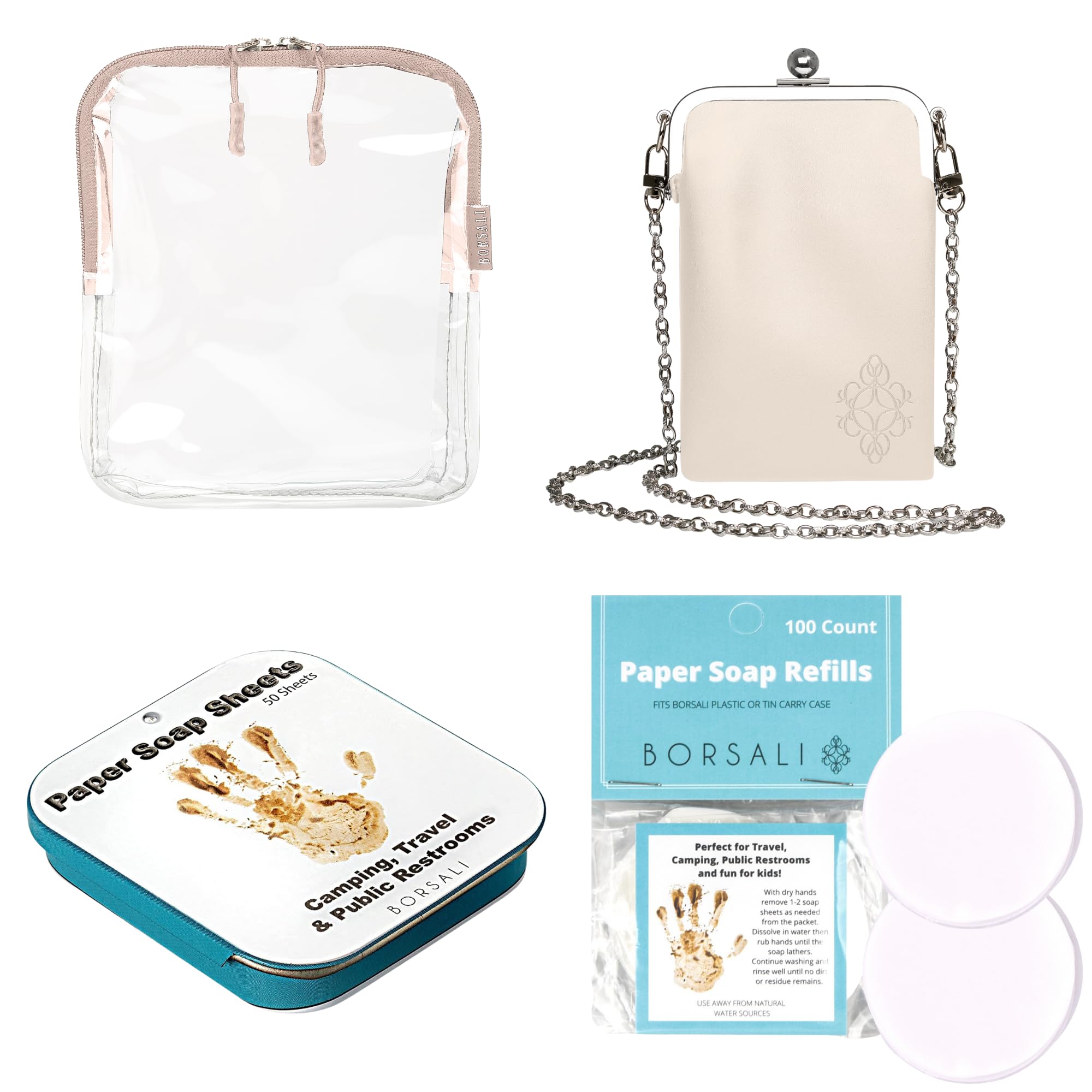 BORSALI Taupe TSA Quart Size Bag Approved for Carry On Travel with Cream Small Crossbody Bag for Women and Paper Soap Sheets 1 Case with 50 Sheets To Go
