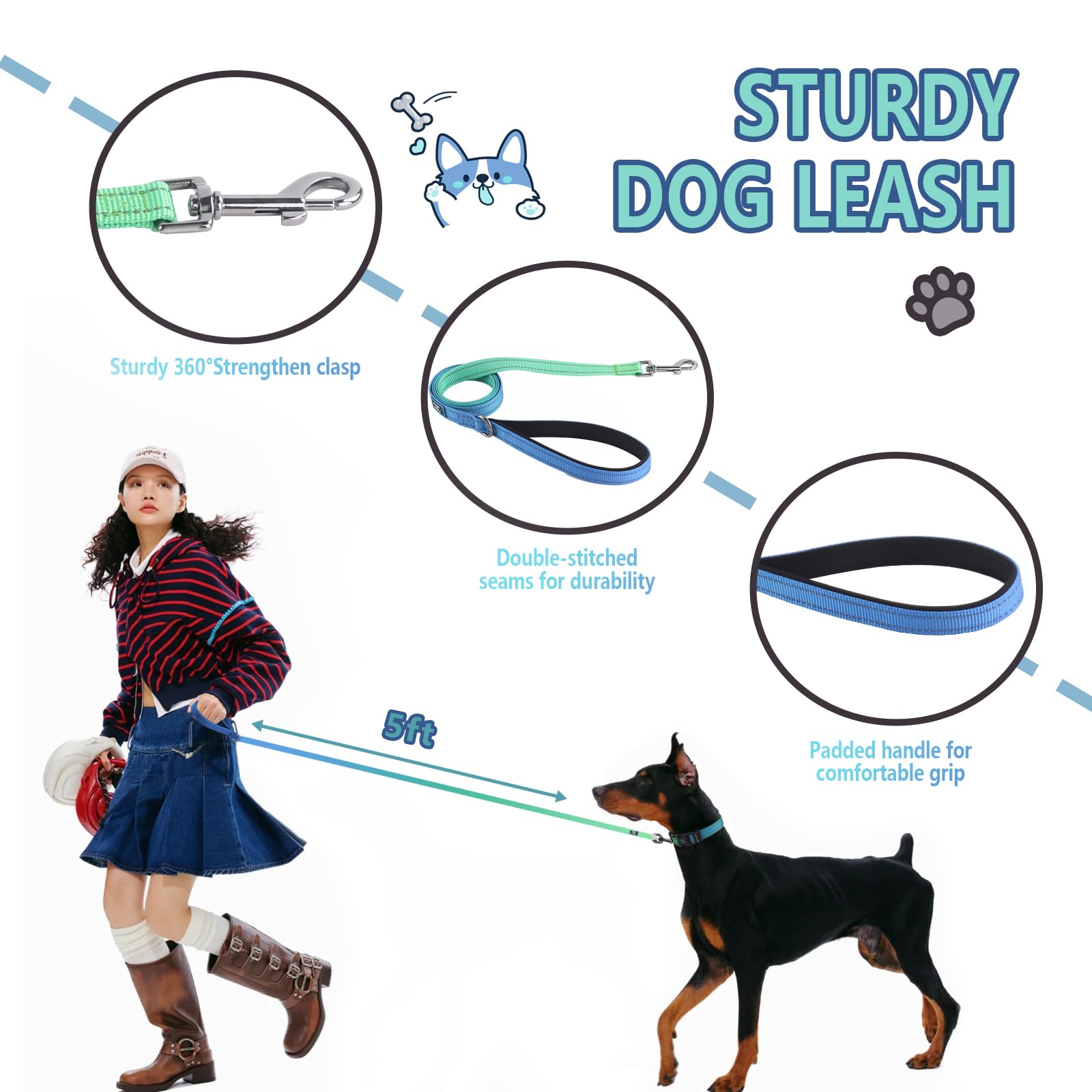 Roses&Poetry Medium Dog Collar and Lead Set BlueGreen, Puppy Reflective Leashes with Collars - Image 3