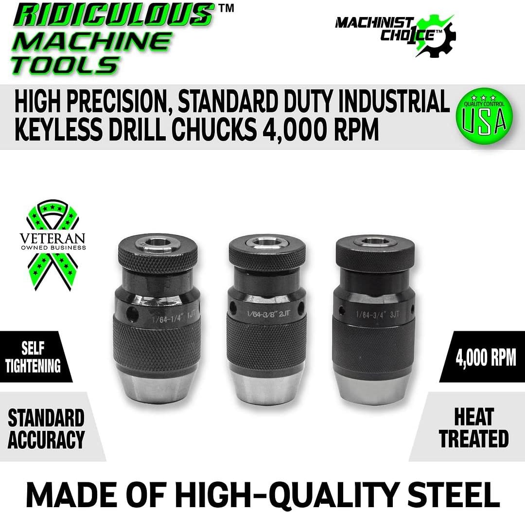 1/64"-1/2" 33-Jacobs Taper INDUSTRIAL KEYLESS Standard Precision Drill Chuck 4000RPM