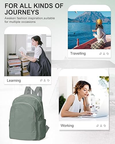 Miniatura 7 de Mini mochila para mujer, tamaño mediano, pequeña, negra, mochila de viaje, mochila universitaria, A-gris verde, Compacto