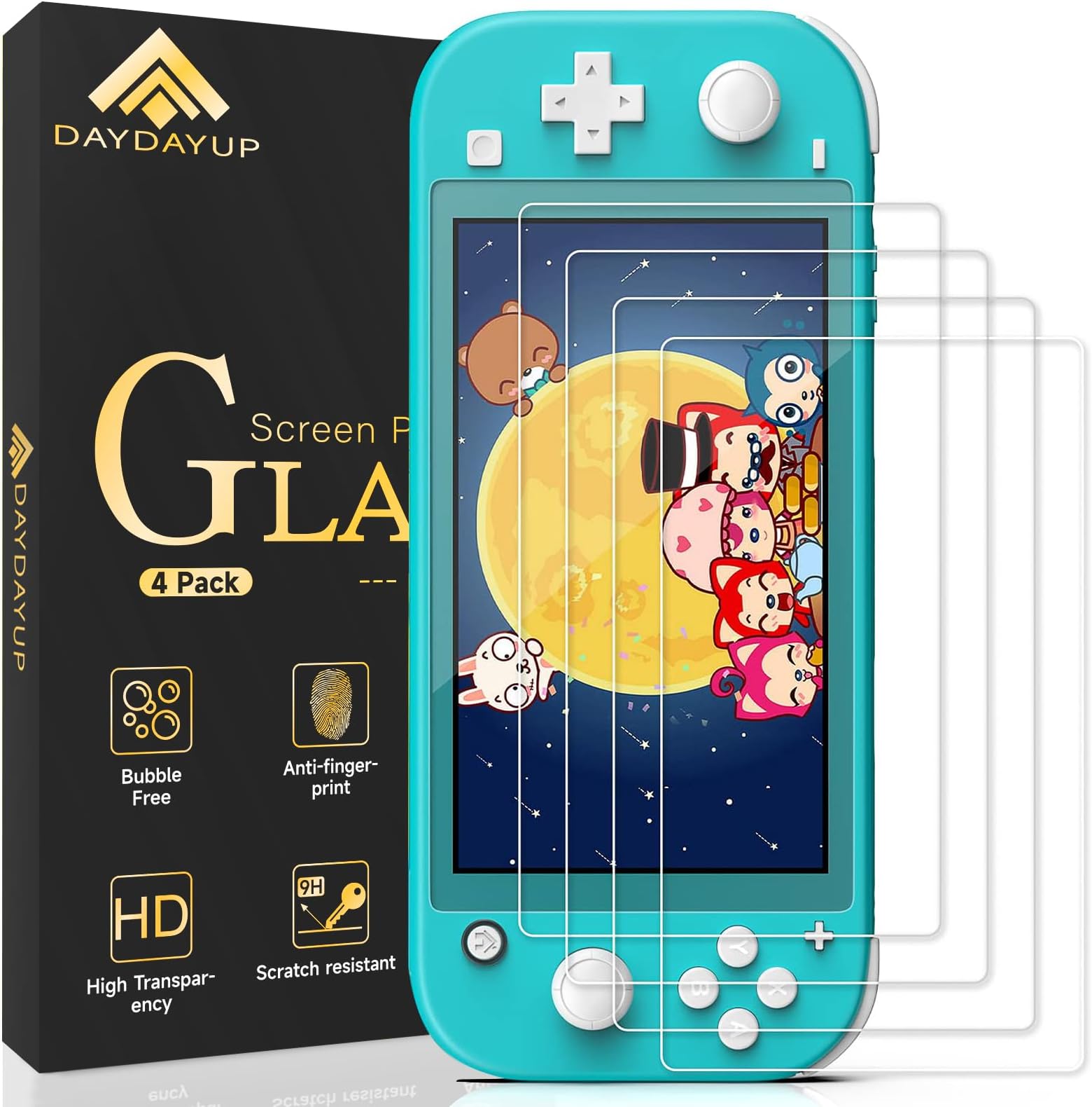 daydayup 4 Pack Tempered Glass Screen Protector for Nintendo Switch Lite, 0.3mm Thickness, 9H Hardness, Transparent, Anti-Scratch, Oleophobic Coating, Easy Installation Guide