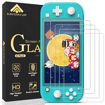 daydayup 4 Pack Tempered Glass Screen Protector for Nintendo Switch Lite, 0.3mm Thickness, 9H Hardness, Transparent, Anti-Scratch, Oleophobic Coating, Easy Installation Guide