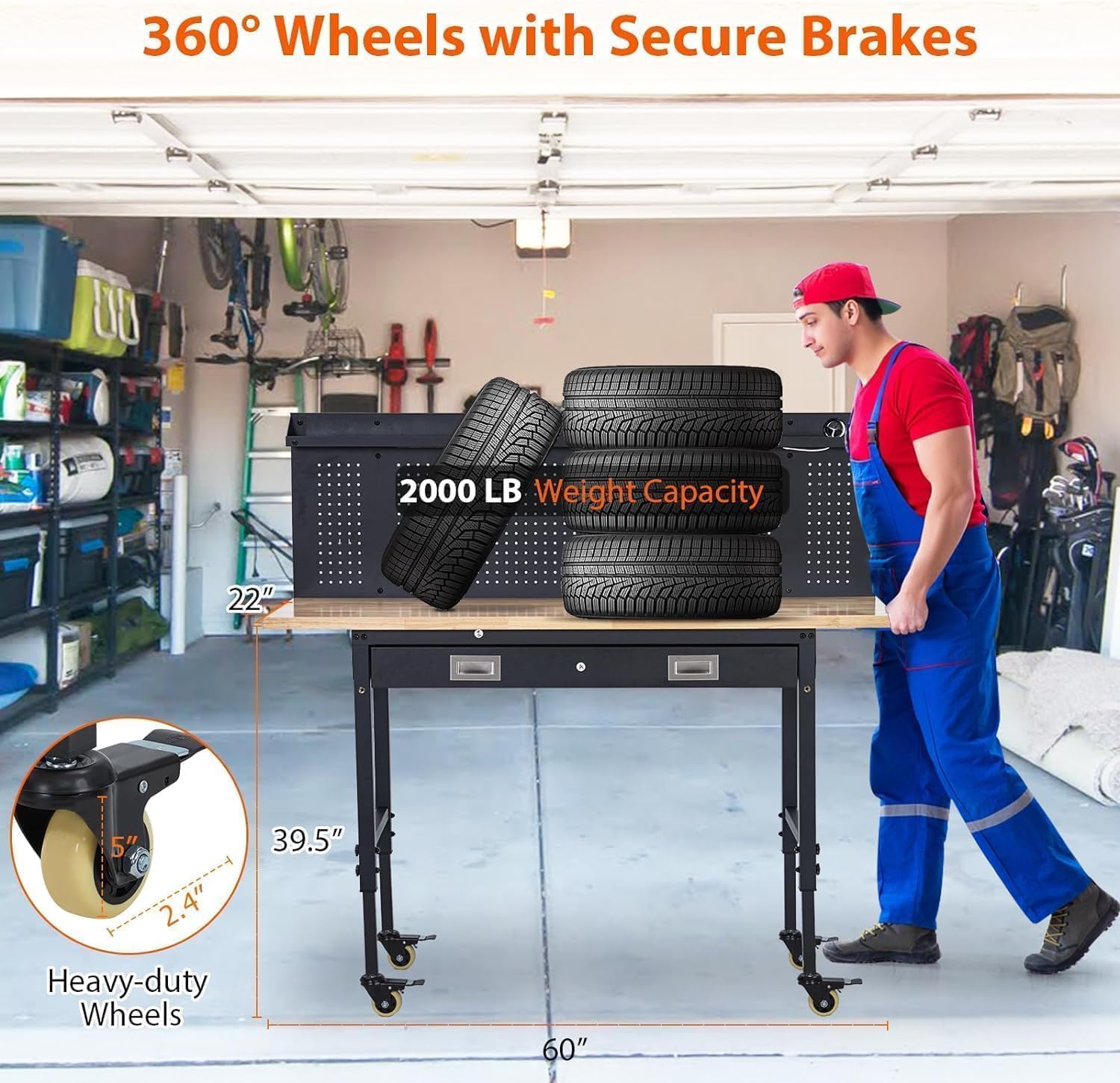 60 "Adjustable Workbench with Power Outlet Max Load 2000 LBS with Adjustable Rubber Wood Top Backplate Drawers Wheels Suitable for Workshop, Office, Garage, Home