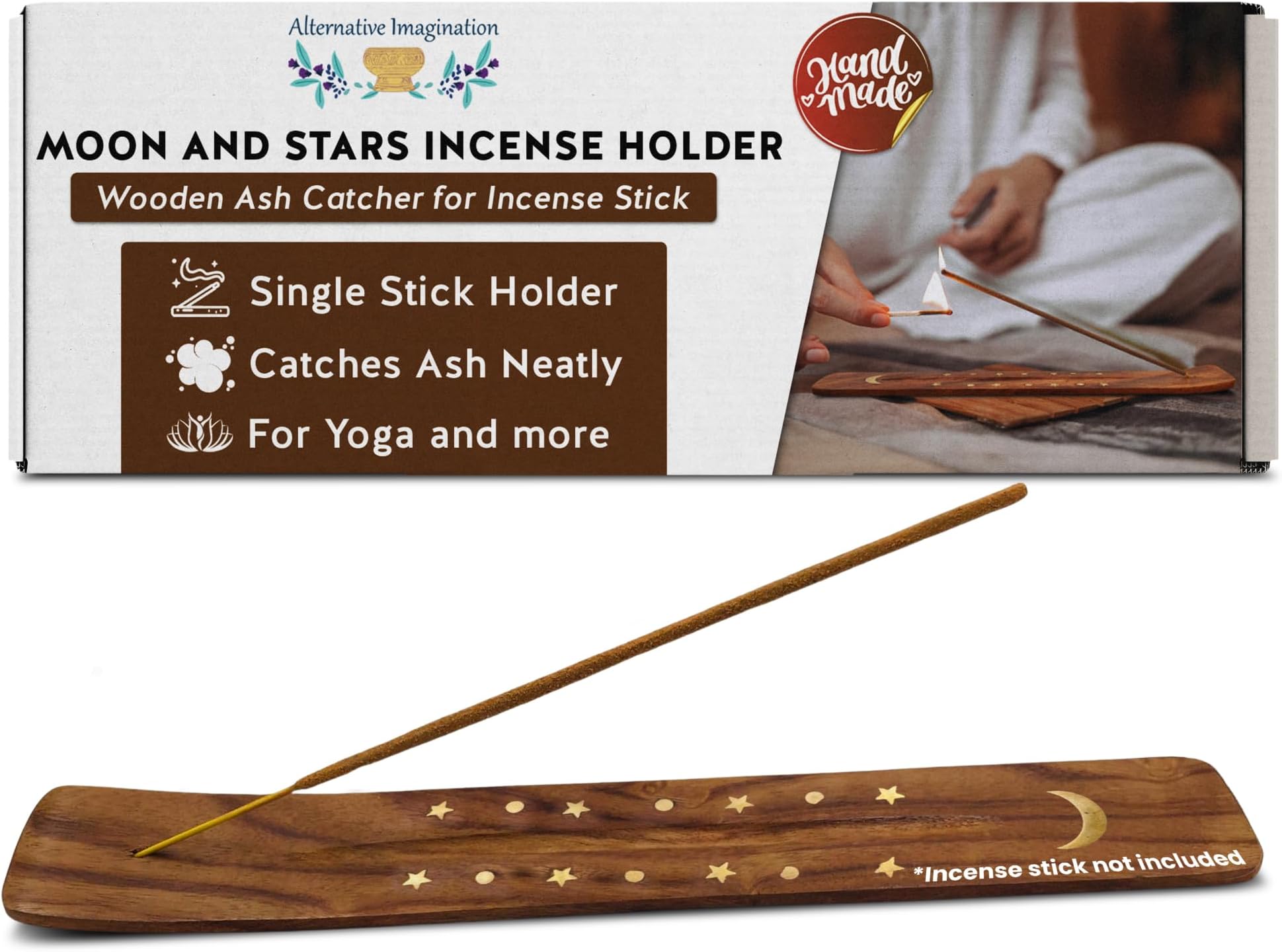 Moon and Stars Incense Holder - Wooden Ash Catcher with Celestial Design for Single Incense Sticks - Meditation Accessories, Spiritual Decor, Home Fragrance, Room Decor (10 Inches Long)