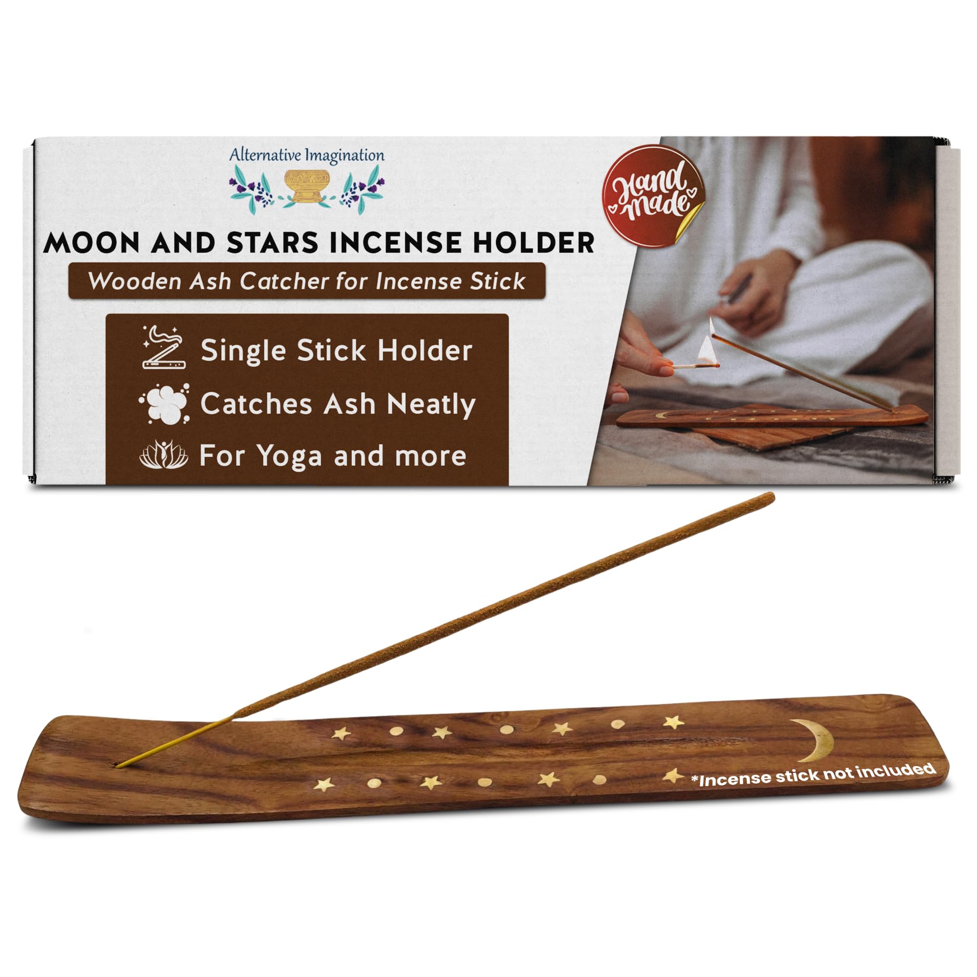 Moon and Stars Incense Holder - Wooden Ash Catcher with Celestial Design for Single Incense Sticks - Meditation Accessories, Spiritual Decor, Home Fragrance, Room Decor (10 Inches Long)