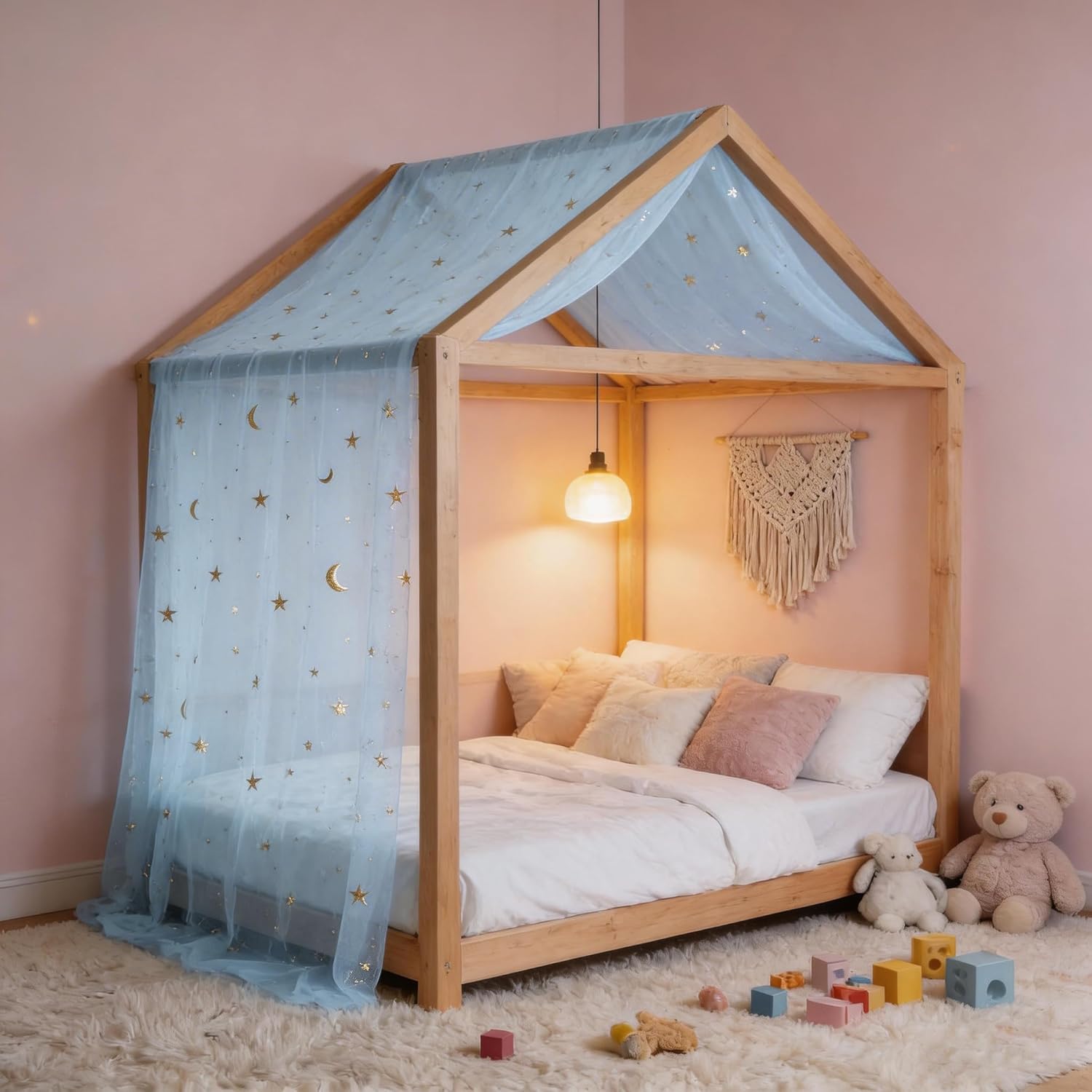 Blue Sheer Canopy Bed Curtains for Girls Twin Montessori House Floor Bed - Elegant Stars and Moon Pattern Tulle Curtains - Soft Breathable Drapes for Kids Room Decor