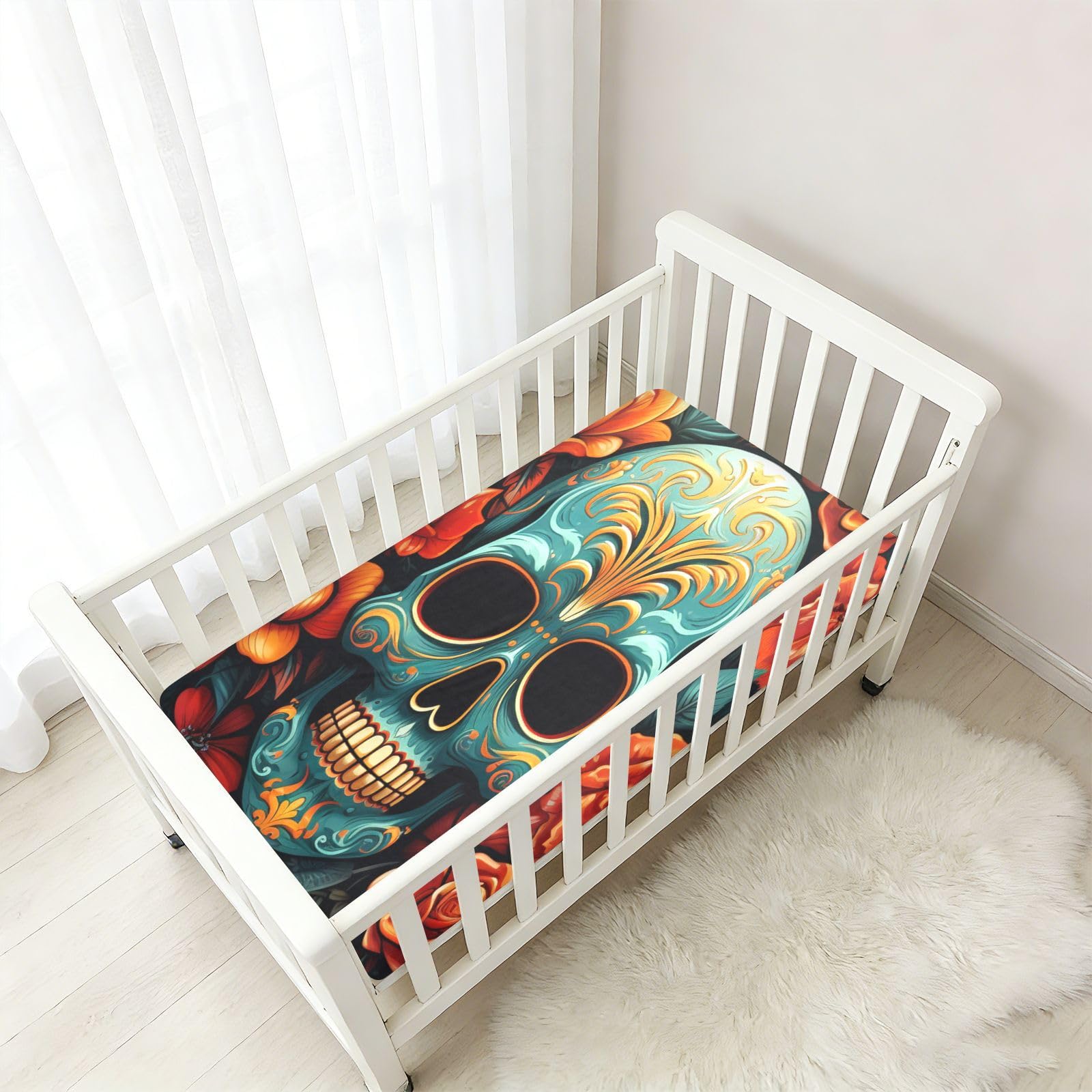 Cyan Crânes Rose Fleur Drap Housse pour Lit BéBé en Coton Doux,Adapté au Matelas Parc