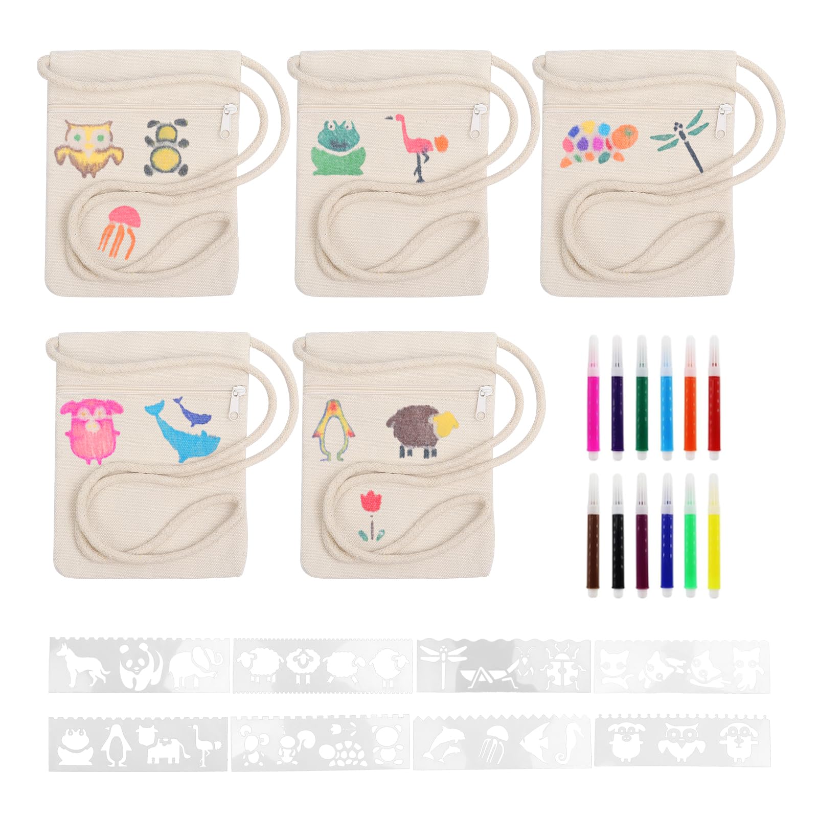 Lot De 12 Sacs En Toile à Peindre - 12x21 Cm - Sac Bandoulière Enfant - DIY Avec Modèles Et Autocollants
