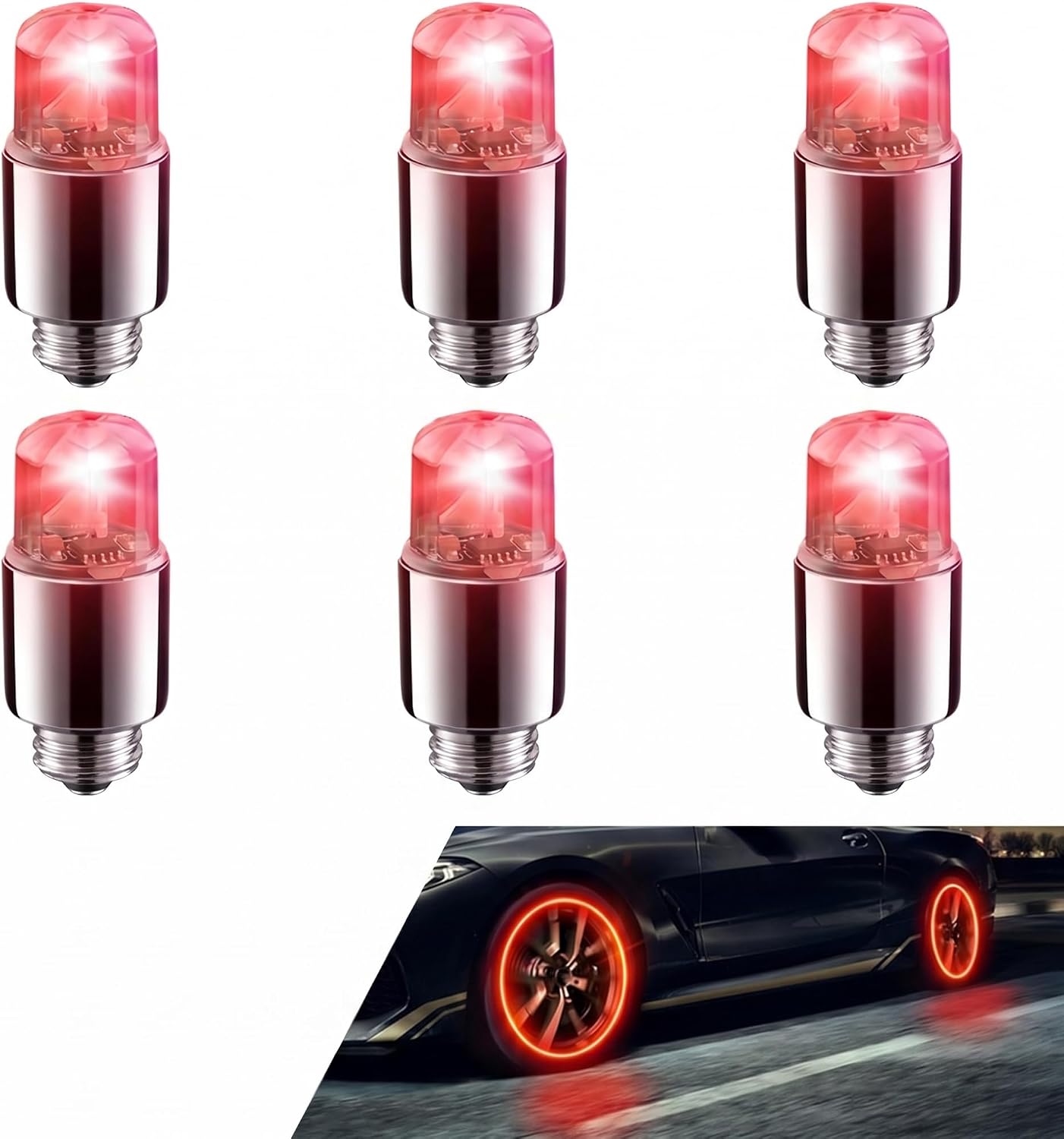 6 PCS LED Tire Valve Stem Cap Lights, 360 Degree Visibility Waterproof Wheel Lights for Cars, Automotive Tire Decoration Flash Lamp, Universal for Most Cars, Trucks, SUVs (Red)