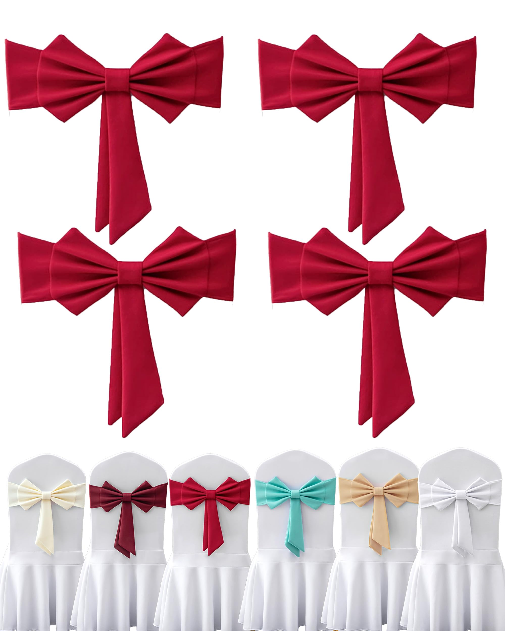 Burgundy Christmas Bows for Chairs, Elastic Velvet Chair Sashes, 4/6/8/10pcs for Christmas Wedding, Banquet Chair Decor (Red,4pcs)