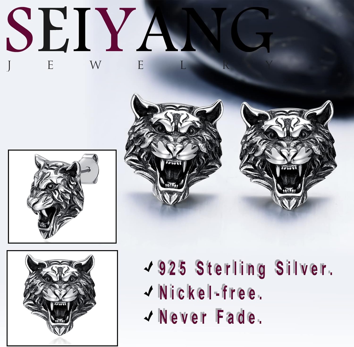 Seiyang Earrings for Men 925 Sterling Silver Animal Stud Earrings Vintage Jewelry Gift for Husband Friend (with Gift Box)