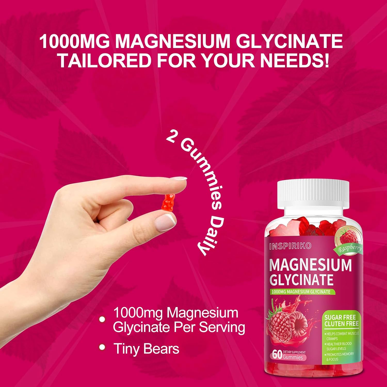 Magnesium Glycinate Gummies 1000mg - Sugar-Free Magnesium Potassium Supplement with Vitamin D, B6, CoQ10 for Adults & Kids,High Absorption for Calm Mood & Sleep Support - 60 Raspberry Gummies - Image 3