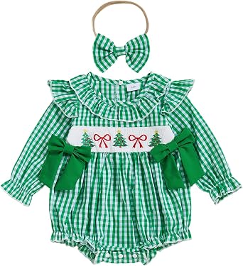 My First Christmas Baby Girl Outfit Newborn Santa Smocked Bubble Romper Christmas Tree Bodysuit Cute Xmas Clothes