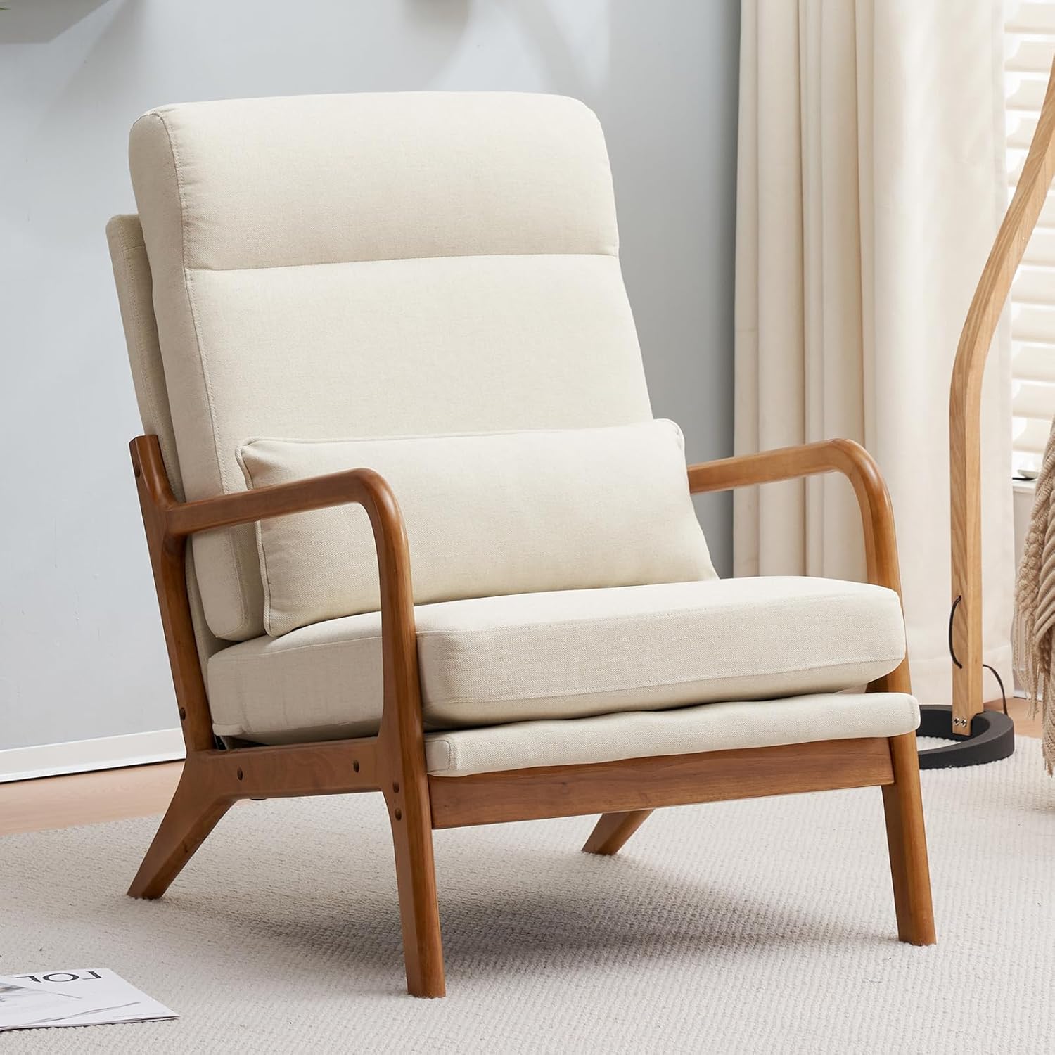 Accent Chair with Cushion, Mid-Century Modern Upholstered Single Reading Armchair High Back Sofa with Linen Fabric + Solid Wood Frame for Living Room, Bedroom, Lounge, Balcony (Beige)