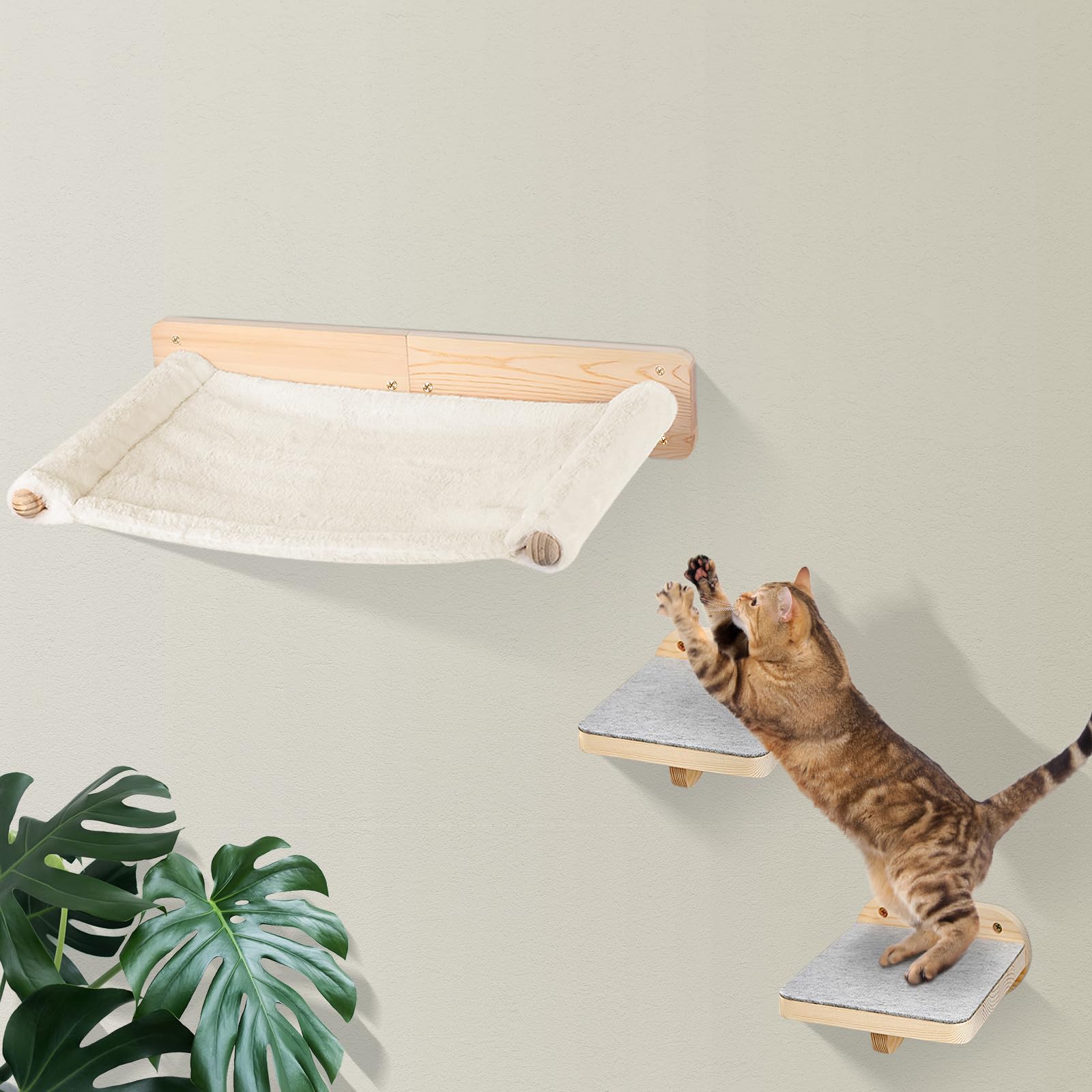 Hamac Chat Etagere Arbre a Chat Mural Mur Escalade et 2 Escalier Parcours Mur d'escalade Lit pour Chaton en Bois Lot de 3 (c)