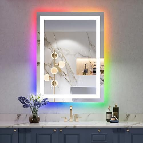 YEELAIT Espejo de baño LED RGB de 20 x 28 pulgadas, luz frontal y retroiluminado RGB, espejo de tocador para baño, montado en la pared, regulable,