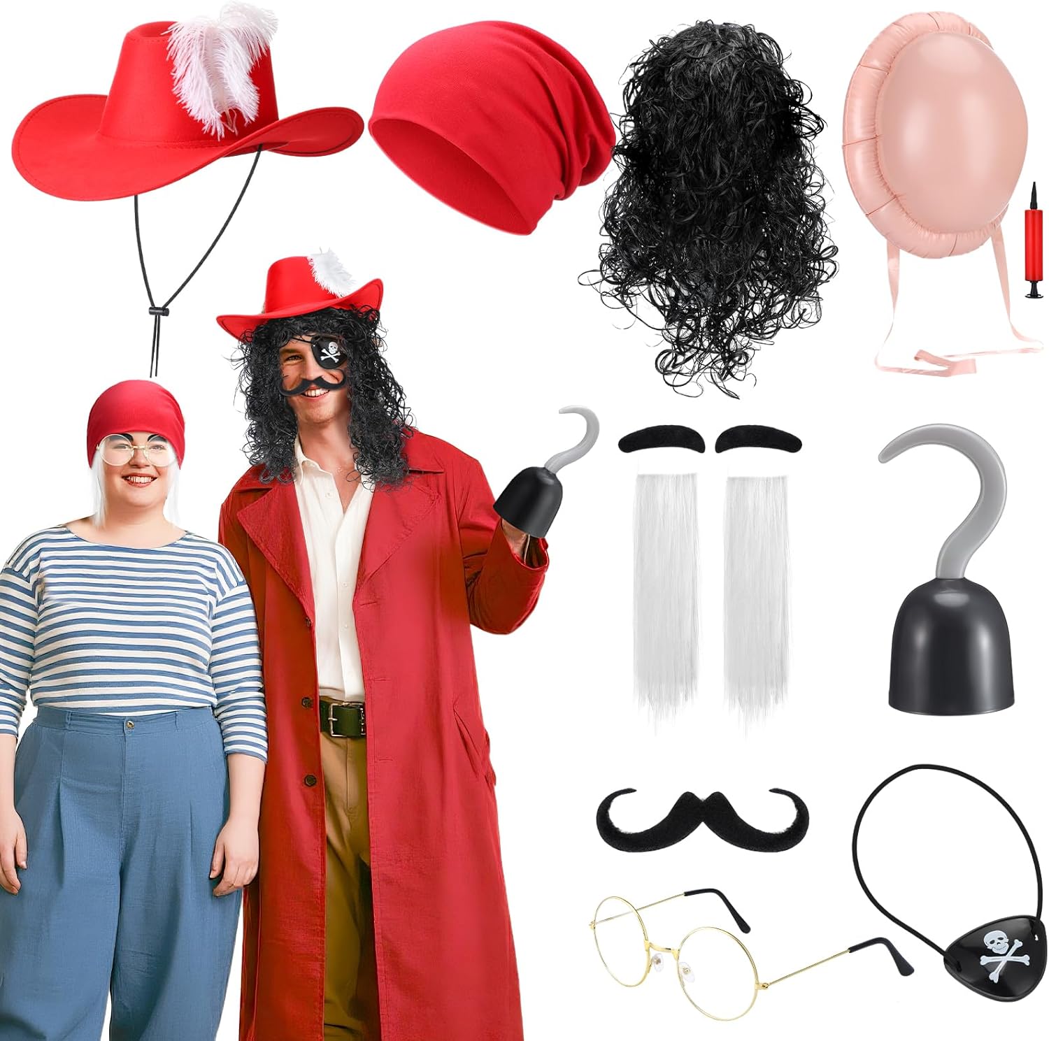 13 Pcs Halloween Pirate Captains Boatswain Couple Costume Accessories Set, Include Hook Wig Mustache Feather Hat Eye Patch Fake Belly Beanie Hat Glasses Eyebrow Mustache for Men Women Cosplay
