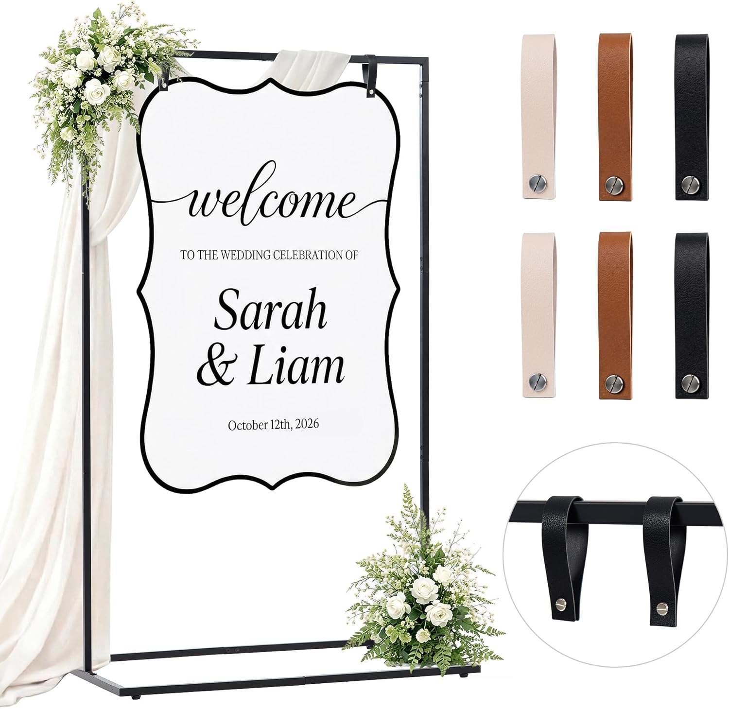 Wedding Welcome Sign Stand, 50" Standard Height - Black Metal Sign Holder with 6 Leather Straps, Easel Stand for Seating Charts & Event Décor