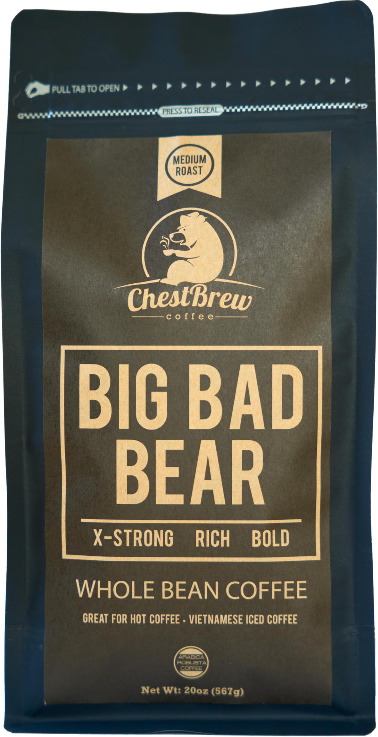 Chestbrew Whole Bean Coffee. Extra Strong Medium Roast Vietnamese Coffee - Big Bad Bear Premium 20 Ounce Bag