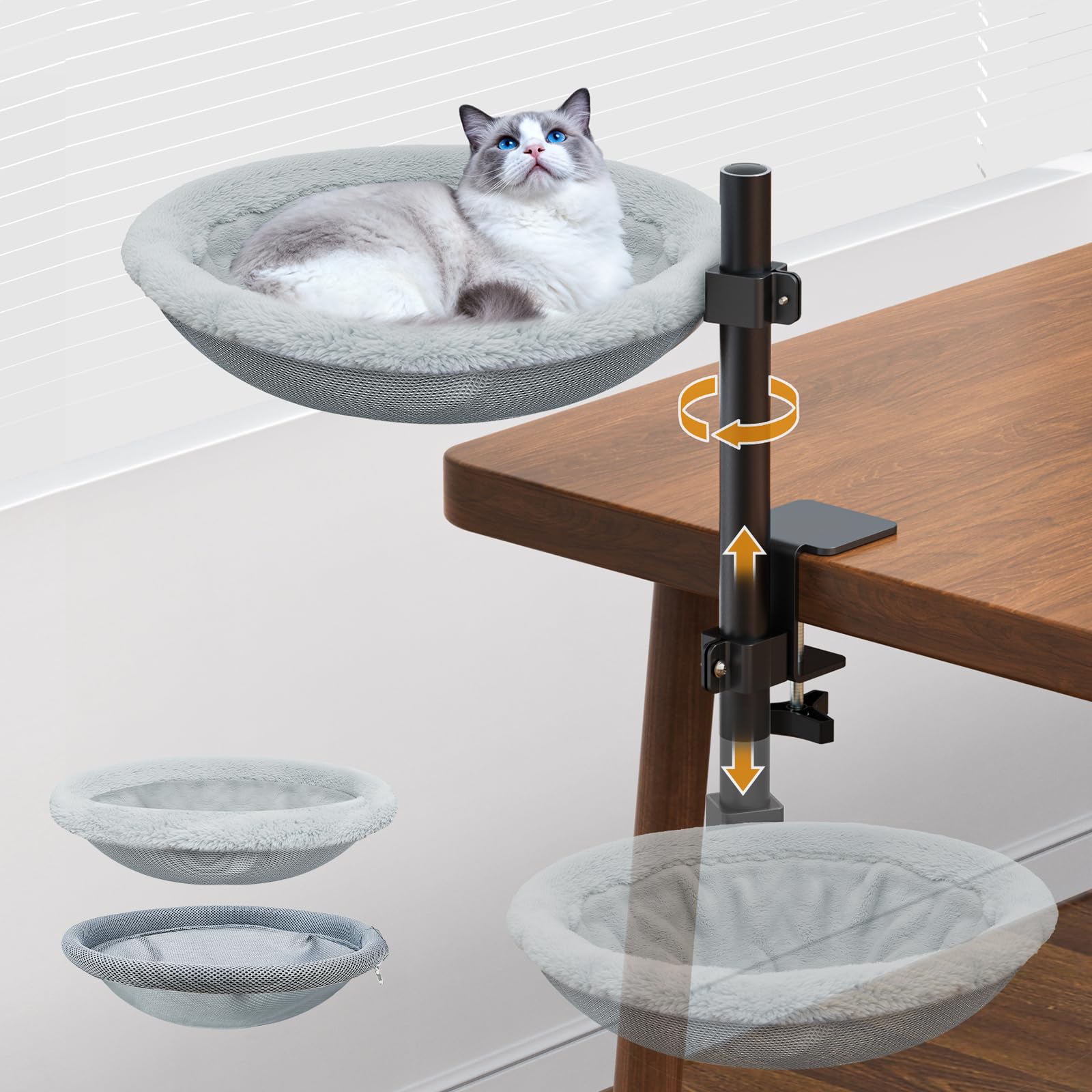 Photo 1 of TVOVT On/Under Cat Desk Bed - 360°Rotation & Adjustable Mount Perch Cats Hammock Up to 50 lbs Cat Furniture for Office Desks and Game Tables with 2 Soft and Breathable Dual-Sided Reversible Mat