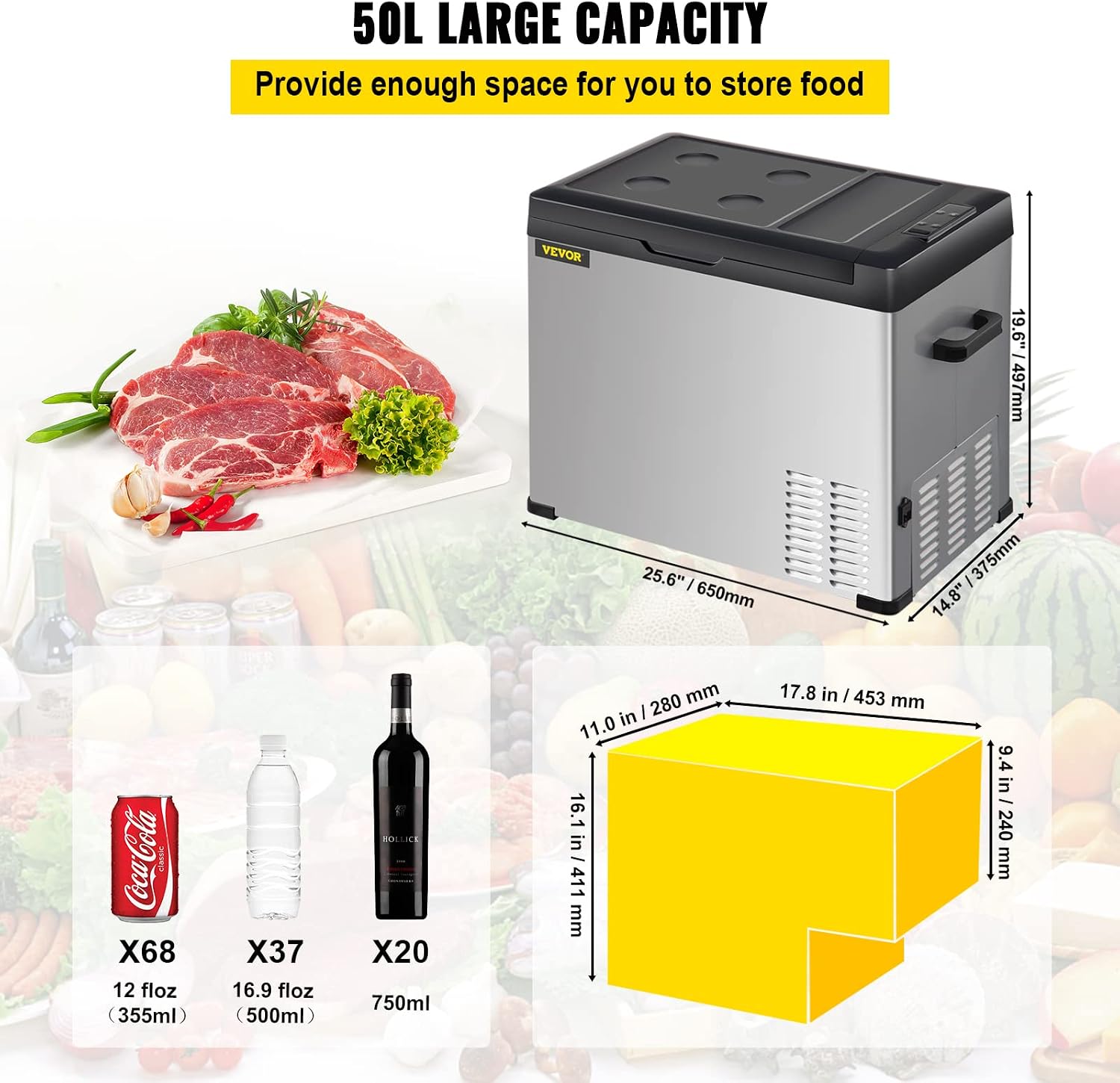 VEVOR 12 Volt Refrigerator, Portable Refrigerator (-4℉~68℉) With APP Control Car Compressor Fridge Cooler 12V/24V DC and 110-220V AC For Camping, Road Trip, Boat, Skincare, Outdoor and Home (53 Quart)