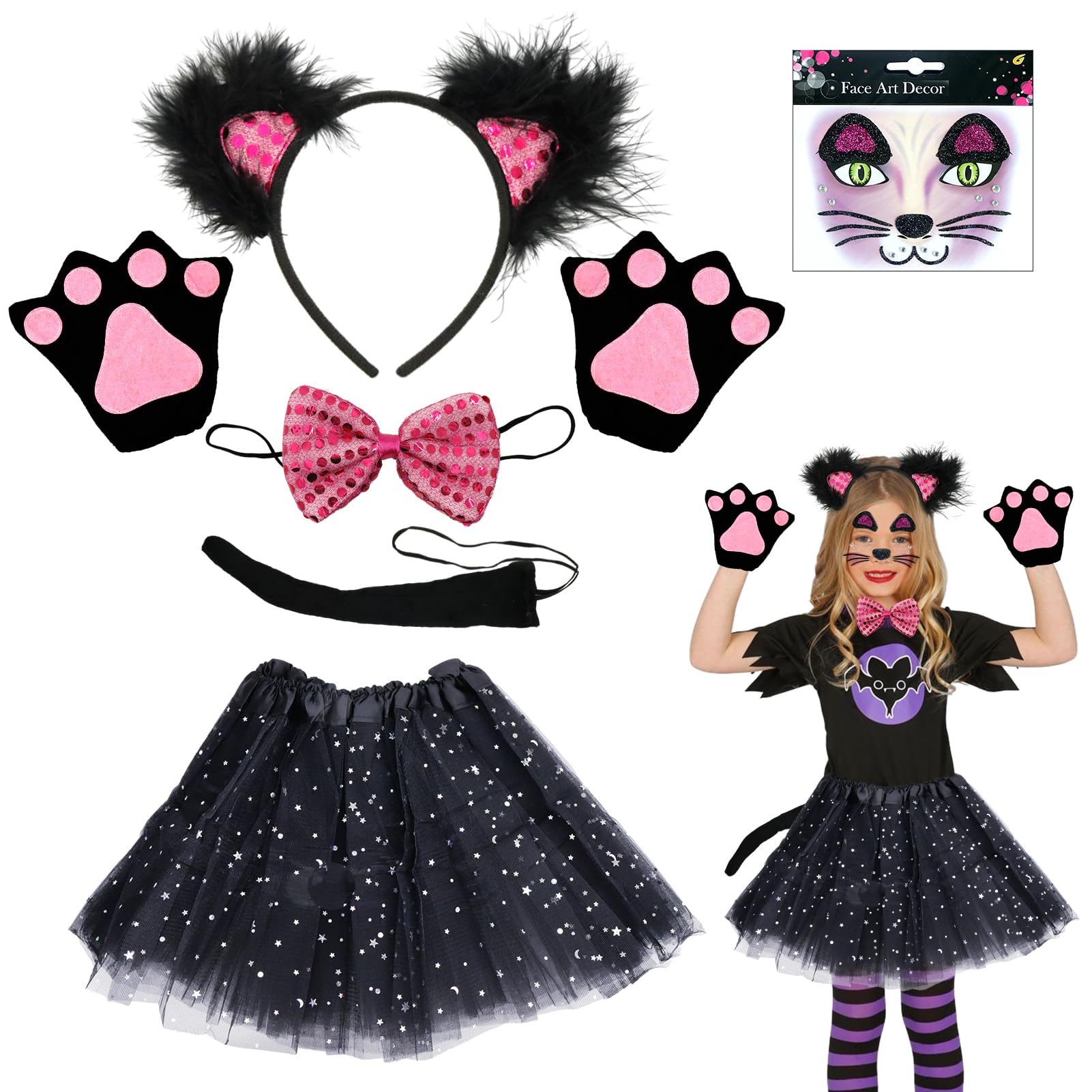 SHOWHEEL Disfraces Animal Cosplay para Niños Carnival, Conjunto de Disfraz para Carnaval, con Animal Orejas, Pajarita, Guantes, Cola Cosplay, Tutú, Disfraces Animal Cosplay para Niña