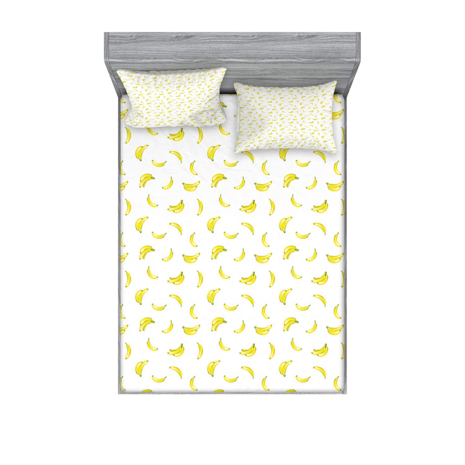 Ambesonne Banana Fitted Sheet & Pillow Sham Set, Graphic Illustration of Tropical Fruit Ripe and Healthy Exotic Food, Decorative Printed 3 Piece Bedding Decor Set, King, Pale Green Yellow