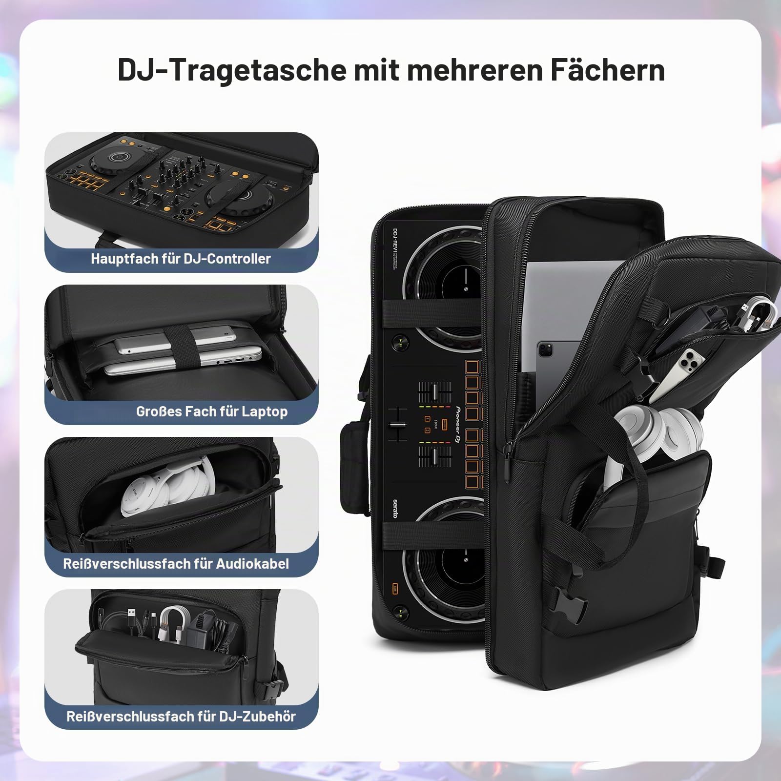 DJ-Controller-Tasche, kompatibel mit Pioneer DDJ-FLX4/DDJ-400/DDJ-REV1 – dick gepolsterter DJ-Rucksack mit mehreren Taschen für Zubehör, verstellbarer Gurt, 56 x 33 x 11 cm