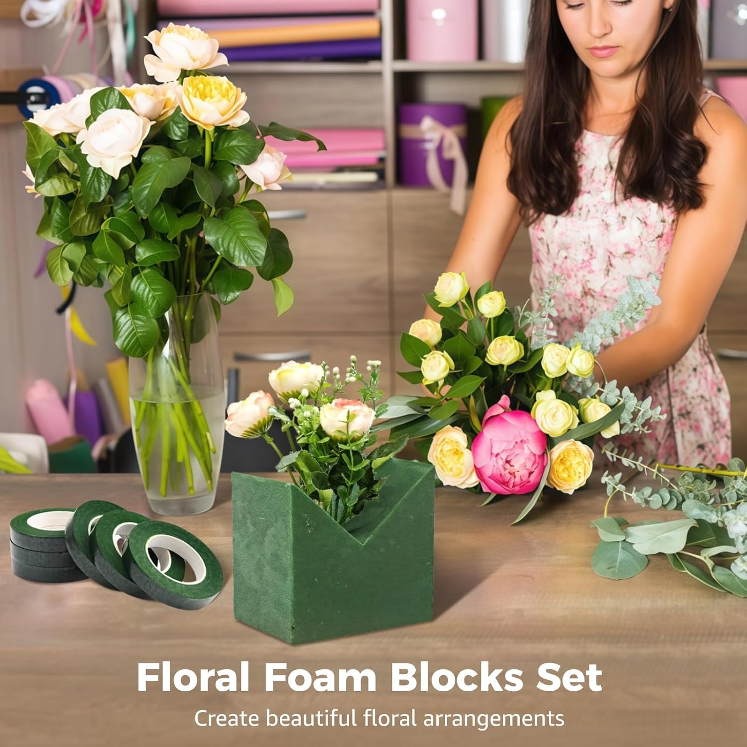 48 Pcs Floral Foam Blocks Set, Includes 40 Floral Foam Bricks and 8 Floral Tapes, Wet & Dry Foam for Artificial Flowers, Green Dry Foam Blocks, 5.5 x 3.1 x 1.7 in