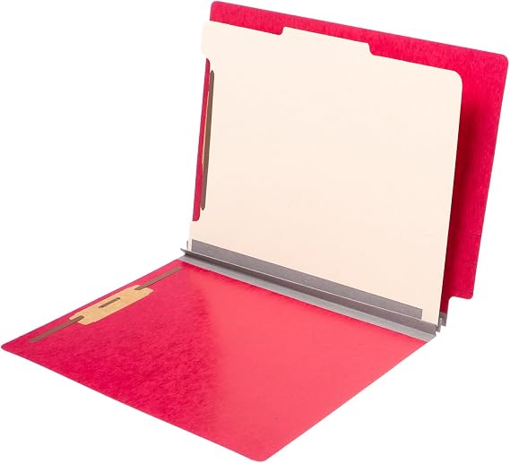 TAB Pressboard Classification Folder - End Tab, 1 Divider, 4 Fasteners, 2 Expansion, Letter Size - Executive Red, 25/Box